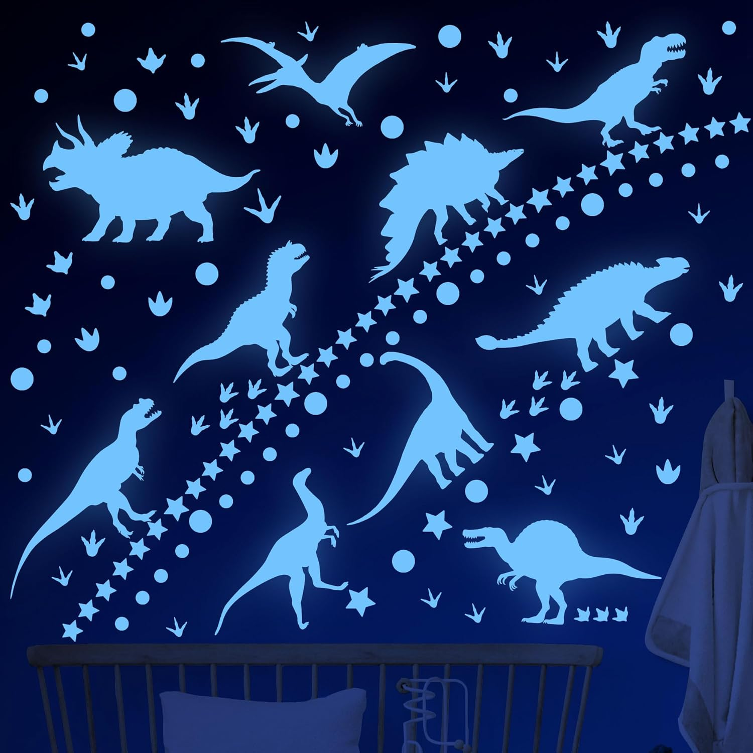 Glow in the Dark Stars Dinosaur Wall Decals Glowing Dinosaur Wall Stickers Luminous Dino Wall Decals Glow in the Dark Stars for Ceiling Boys Girls Bedroom Living Room Wall Decoration image number 3