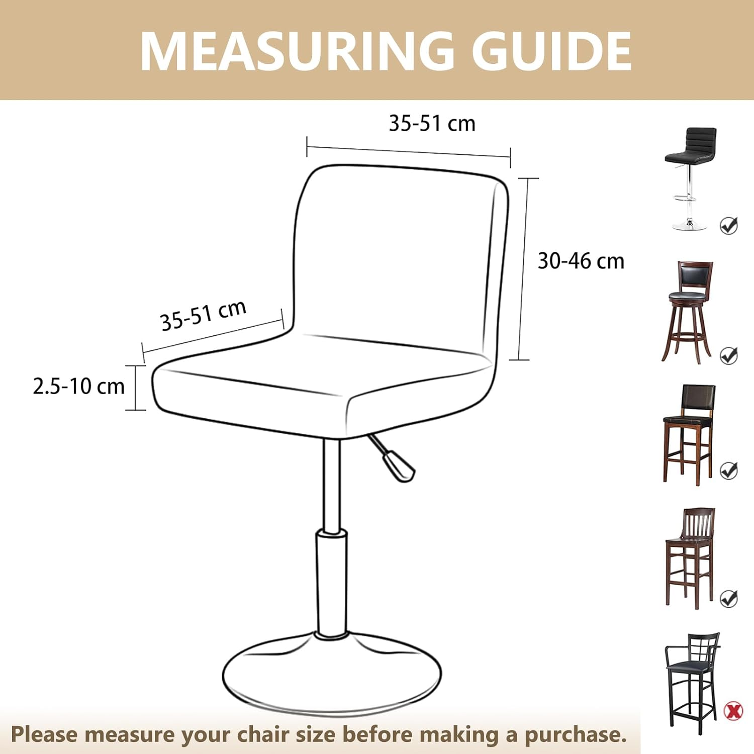 Gollense Bar Stool Covers Set of 4 Stretch Pub Counter Stool Chair Covers with Backs, Square Swivel Barstool Seat Slipcover with Elastic Bottom for Low Short Back Dining Chair (Beige) - Black image number 6