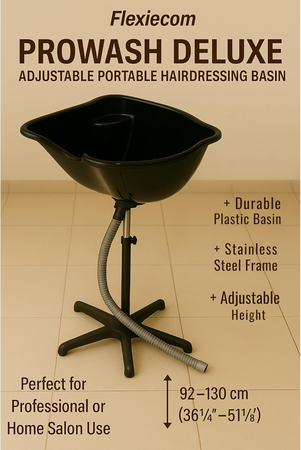 The Prowash Deluxe Adjustable Portable Hairdressing Basin Has a Durable Black Plastic Basin, Stainless Steel Frame, and Adjustable Height (92-130Cm), Offering Comfort and Convenience for Salons. image number 3