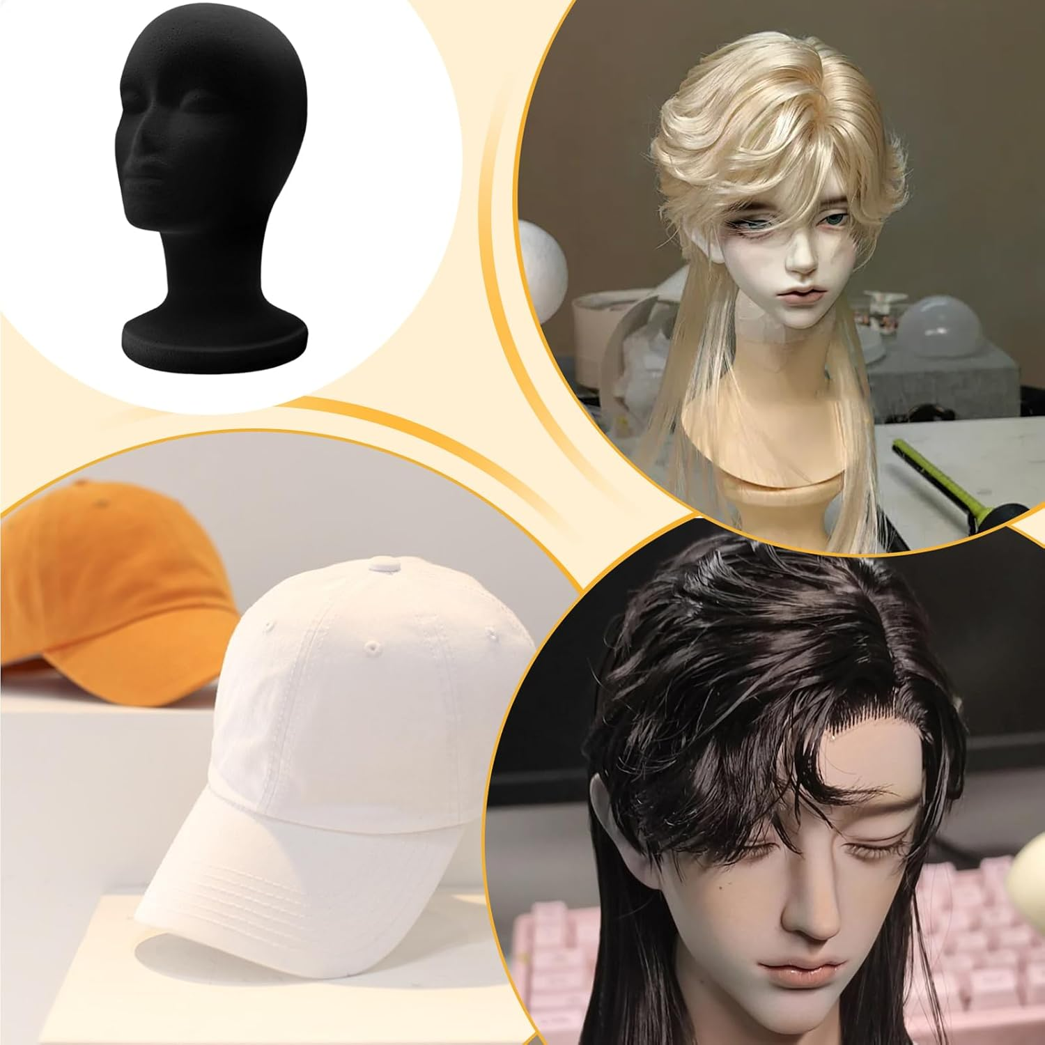 Foam Head,Foam Black Velvet Male Wigs Display Model | Styling Showcase Cosmetology Display Model for Jewelry Glasses Scarves Hair Accessories Eyewear Hairpieces Headphone