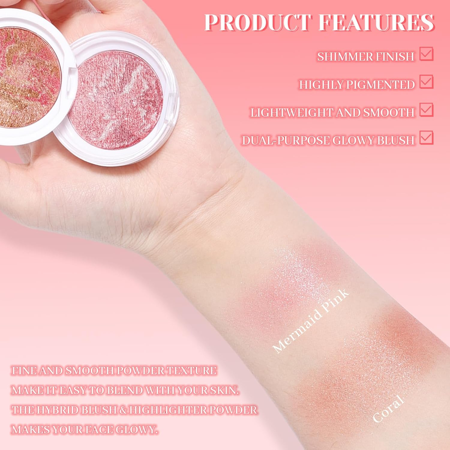 DAGEDA Baked Blush, Matte & Smooth Brighten Marbleized Blush, Highlighter Powder Palette, Lightweight, Shimmery and Highly Pigmented Powder Flush for Natural Glow Finish (Coral) image number 3