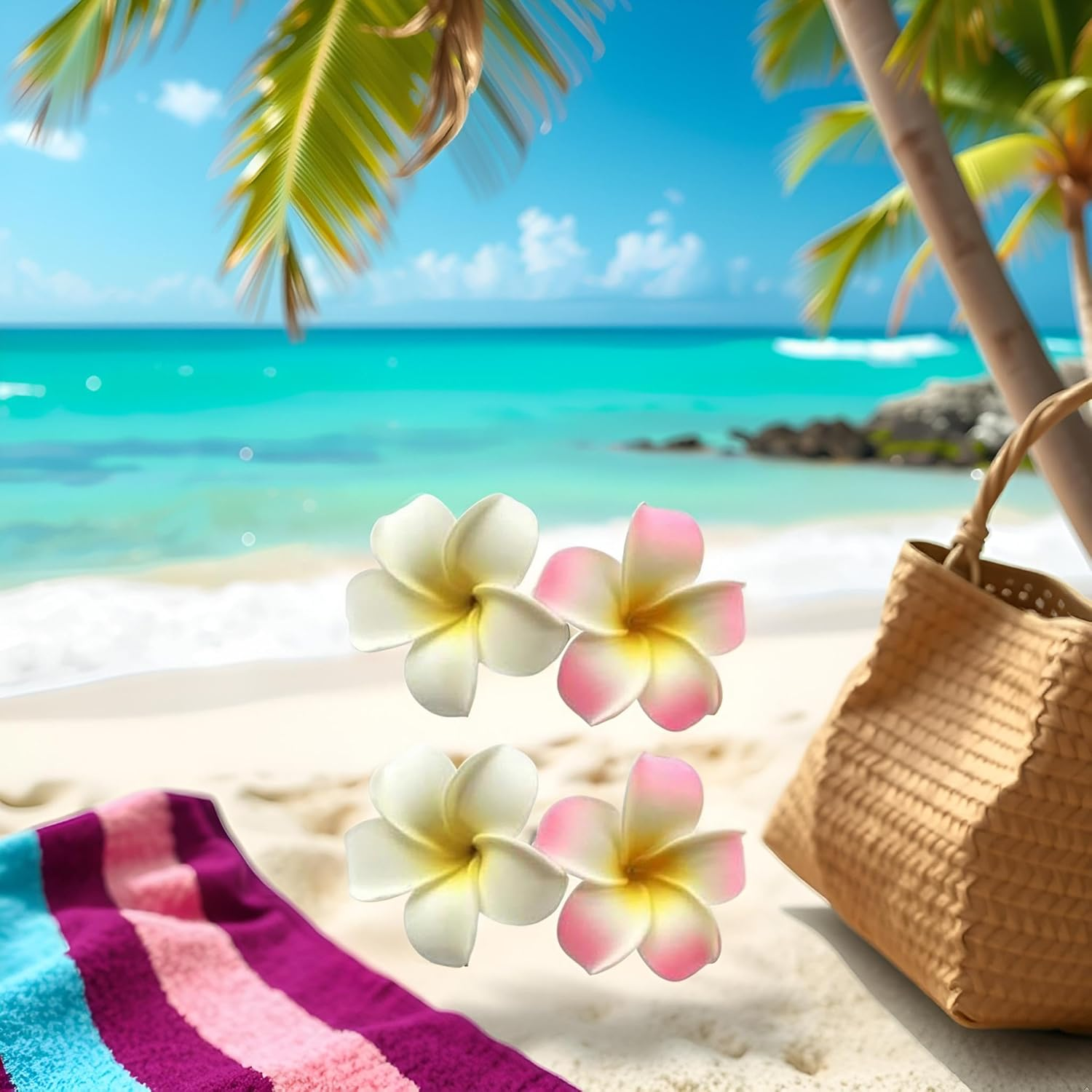 4 Pcs 7Cm White and Pink Hawaiian Frangipani Plumeria Foam Head Flower Party Beach Hair Clip Hair Clips Clips and Barrettes image number 3