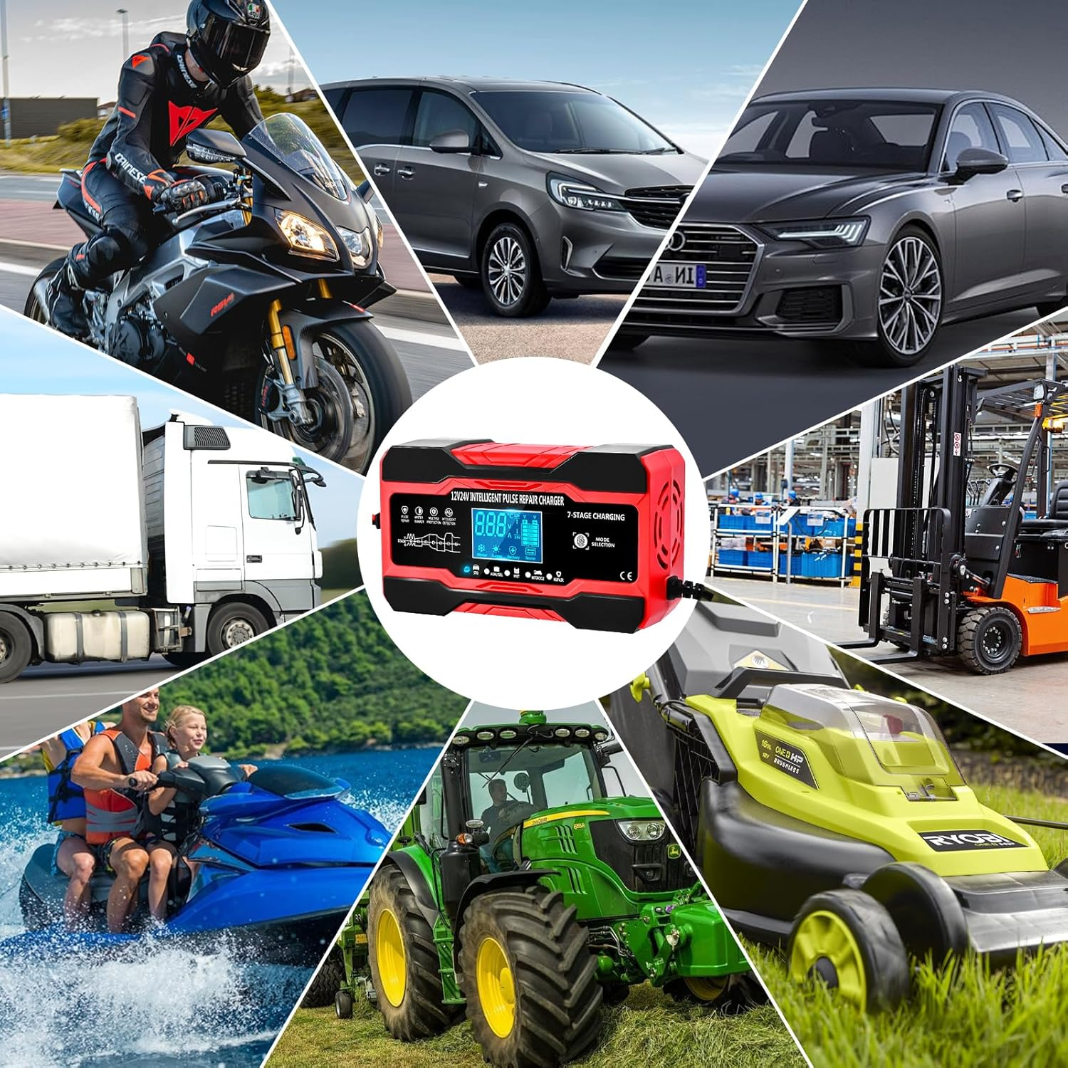 Car Battery Charger 10-Amp, 12V/24V Smart Car Charger with LCD Display，Trickle Charger Fully Automatic Battery Maintainer with Temperature Compensation for Car Truck Lawn Batteries