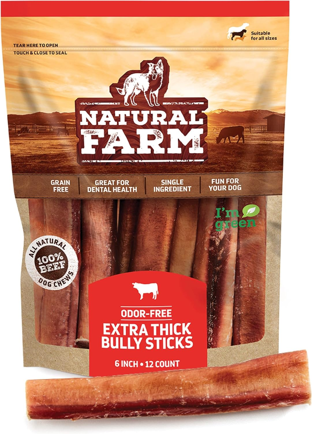 Natural Farm Odor Free Jumbo Bully Sticks (6 Inch, 12 Pack), Extra-Thick Dog Treats &ndash; Fully Digestible 100% Beef Treats, Natural Dental Chews &ndash; Keep Your Dog Busy with 50% Longer Lasting Chews image number 1