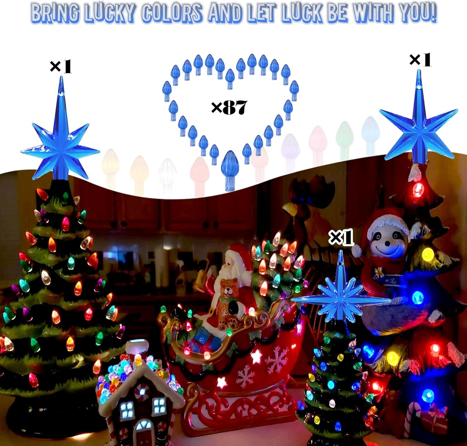 Ceramic Christmas Tree Replacement Lights Bulbs, Klein Blue Medium Twist Plastics Pegs Ornaments for Ceramic Tree(87 Bulbs＆ 3 Topper Star) - Gold image number 7