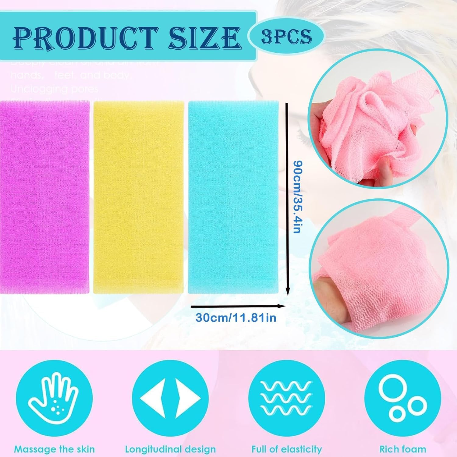 Exfoliating Towel - Japanese Korean Body Scrubber for Shower, Exfoliating Washcloth, Back Scrubber, Bath Loofah, Net Sponge, Deep Cleansing Exfoliation (3 Pack) image number 3