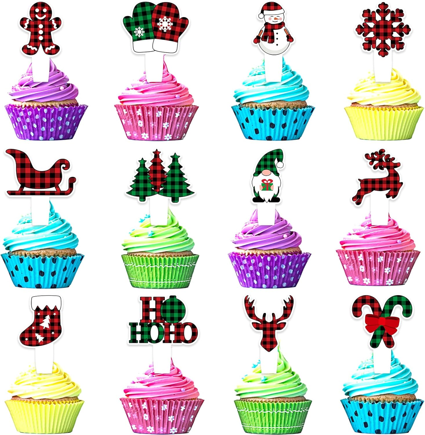 24Pcs Merry Christmas Cupcake Toppers Set Happy Birthday Gingerbread, Ugly Sweater, Elk, Buffalo Decoration, Boys and Girls Birthday Party, Baby Shower Party Decoration, Holiday Gifts for Kids.Liangss image number 1