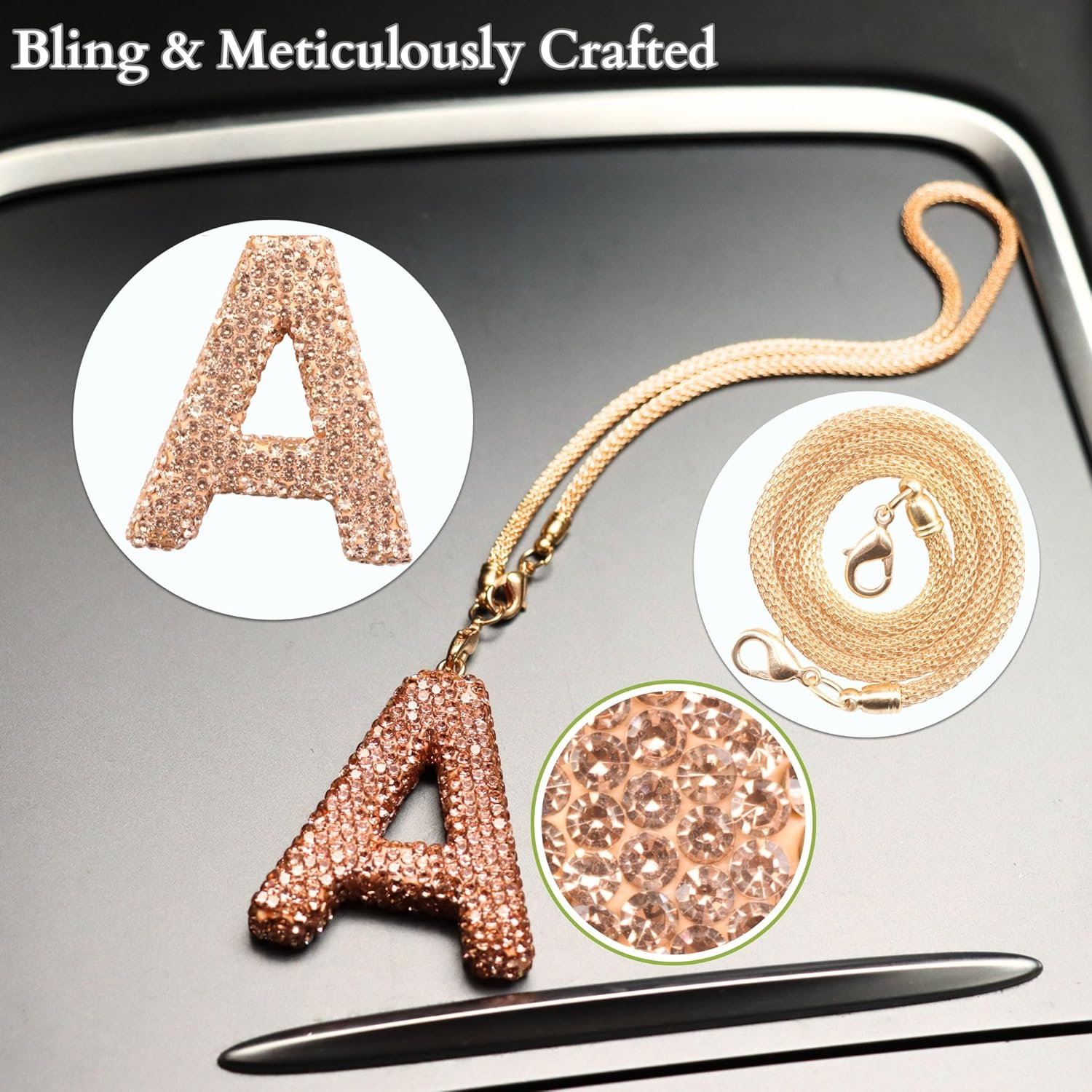 MOTOFITOOL Bling Car Accessories for Women Letter Charm, Rainbow Crystal Rearview Mirror Pendant, Cute Girly Diamond Rhinestone Car Decor for Women(A, Champagne Gold) image number 2