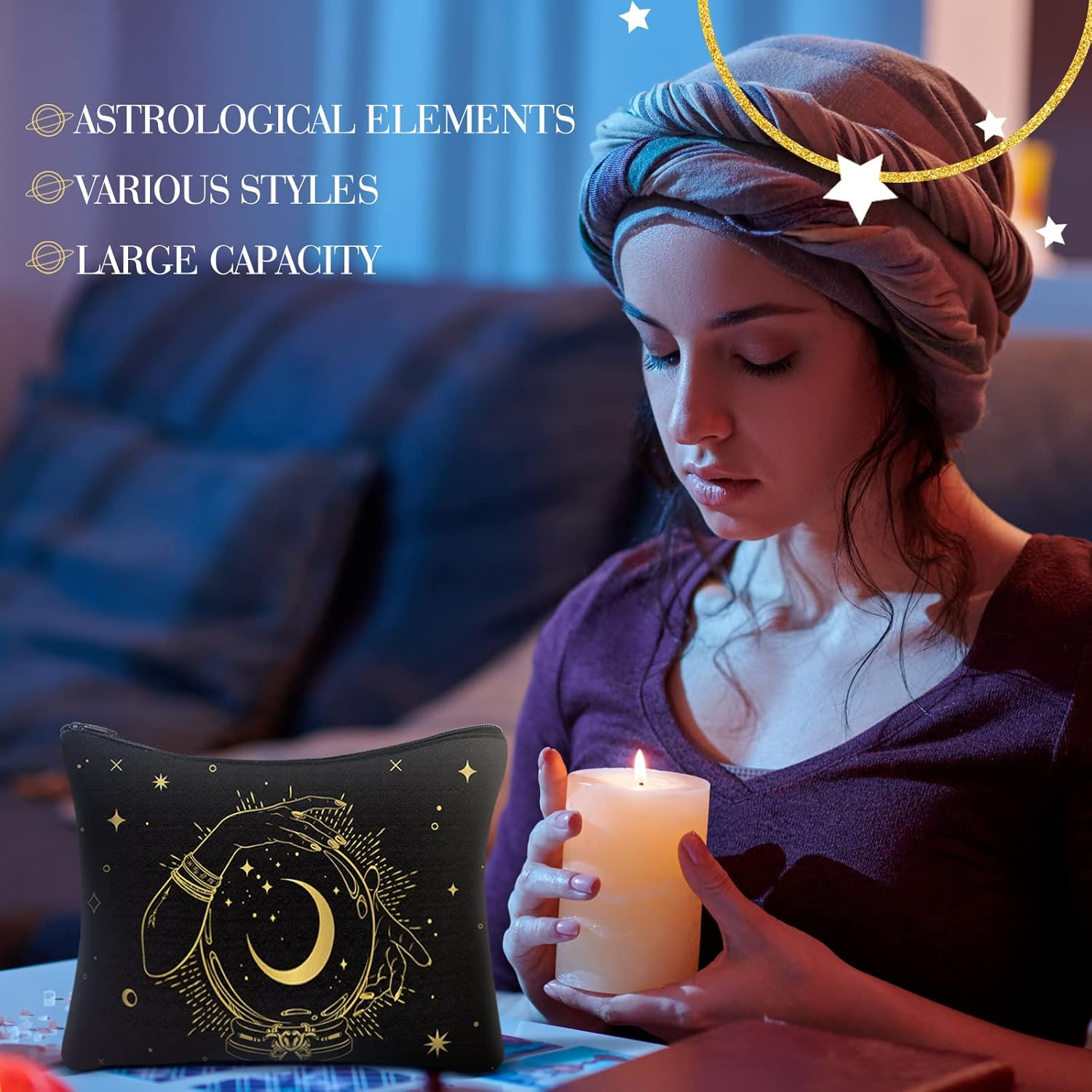 Amylove 12 Pieces Moon Zipper Pouch Bag Witch Tarot Cards Phase Bag Crystals Cosmetic Witchy Purse Toiletry Aesthetic Gothic Makeup Pouch for Women Girls, White and Black image number 1