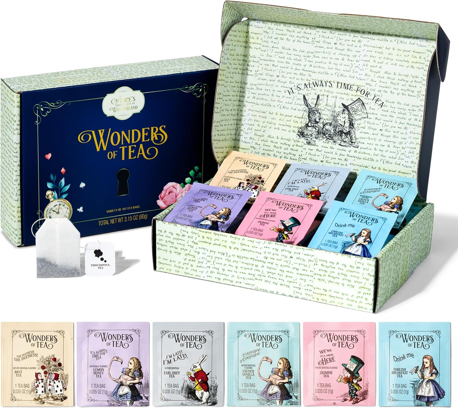 Thoughtfully Alice&rsquo;S Adventures in Wonderland, Wonder of Tea Gift Set, Tea Sampler Includes 6 Flavours of Tea with Book Quotes and Illustrations, Set of 90 image number 2