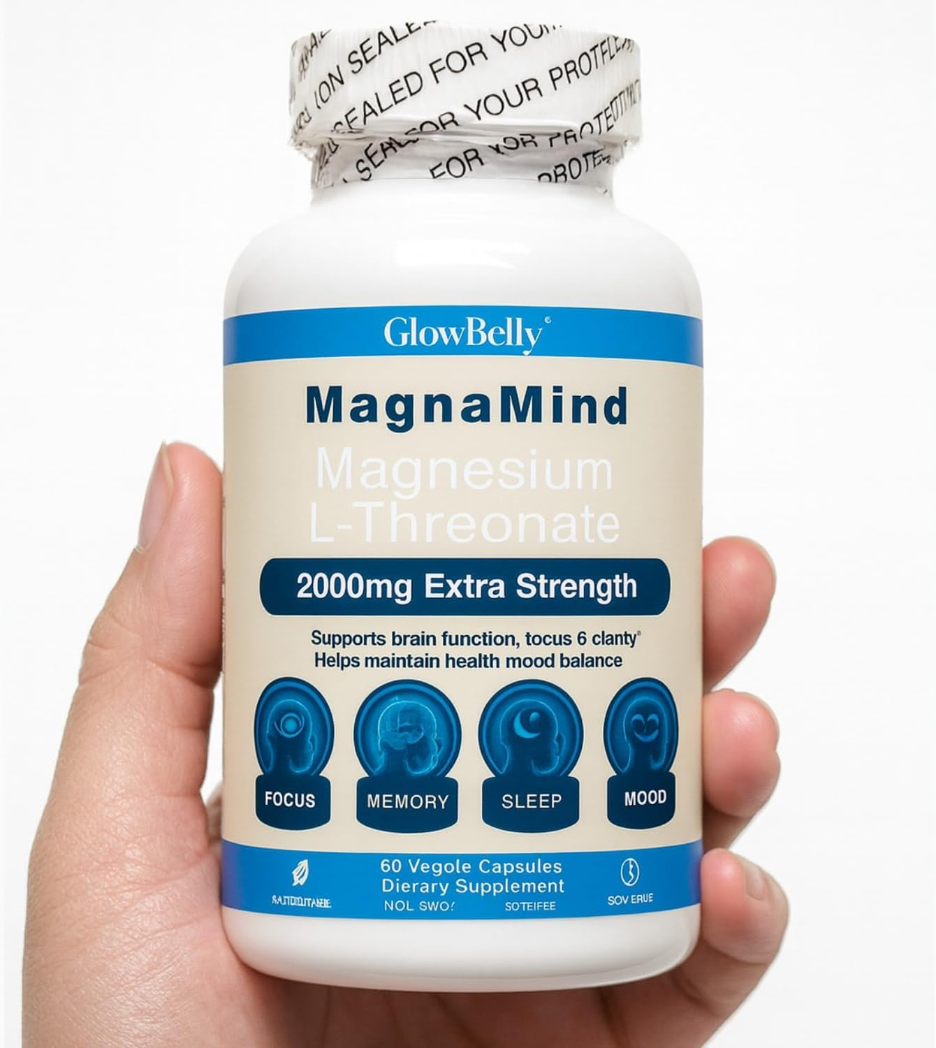 Magnesium L-Threonate 2000Mg | 90 Vegan Capsules | 144Mg Elemental Magnesium per Serving | Non-Gmo & Gluten-Free by Glowbelly image number 3
