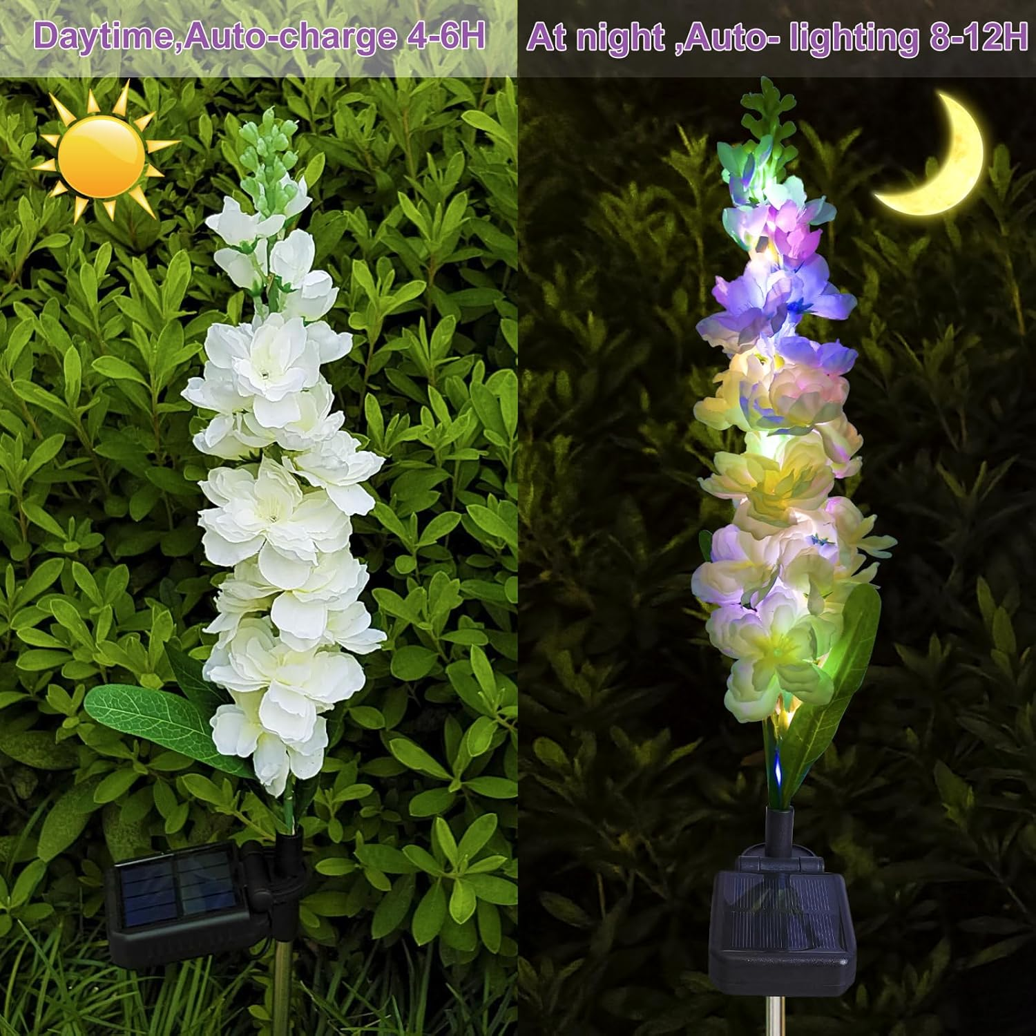 MRHEPHAESTUS Solar Garden Lights, Solar Delphinium Flowers Lights 4 Pack 80 Leds, Waterproof Solar Outdoor Lights Two Lighting Modes for Wedding Party Garden Yard Patio Lawn Decor image number 3