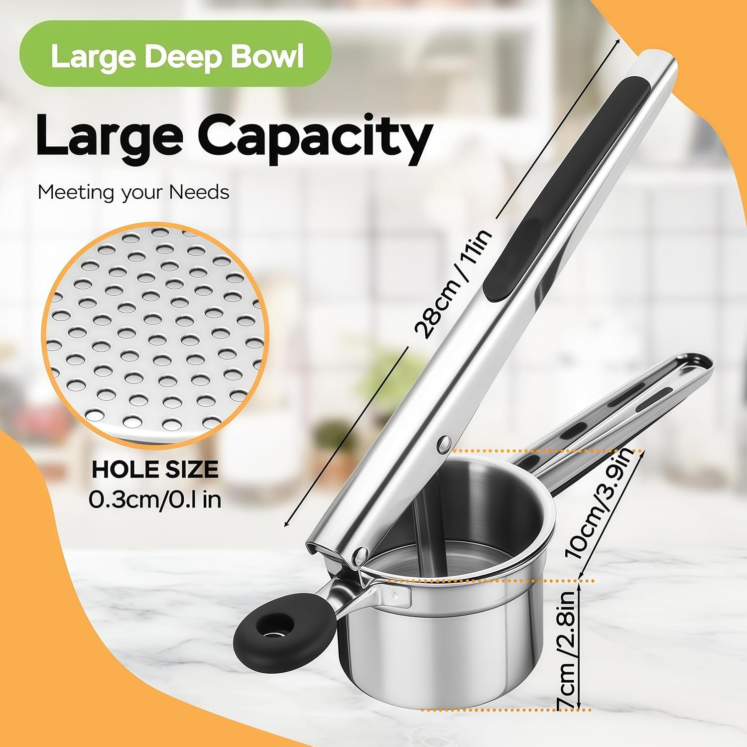 Potato Ricer, Stainless Steel Paotato Masher, Heavy Duty Ricer with Silicone Handle, Pkitchen Tool Potato Press Kitchen Gadget for Potatoes Vegetable Fruit,Juicer, Baby Food Press Squeezer (1) image number 5