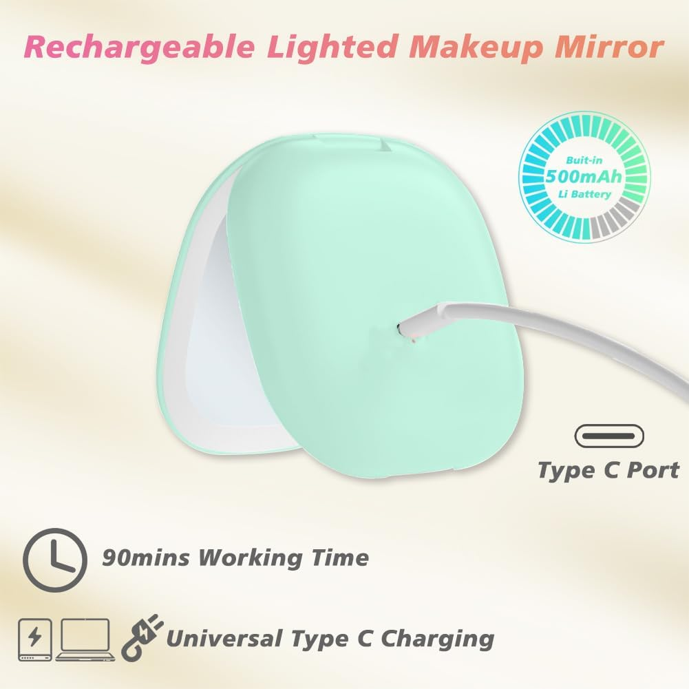 Compact LED Magnifying Travel Makeup Mirror 1X/10X Magnification Small Hand Pocket Mirror 3 Light Colors Dimmable Double Sided USB Rechargeable Touch Screen, Portable Cosmetic Mirror(Green) image number 2