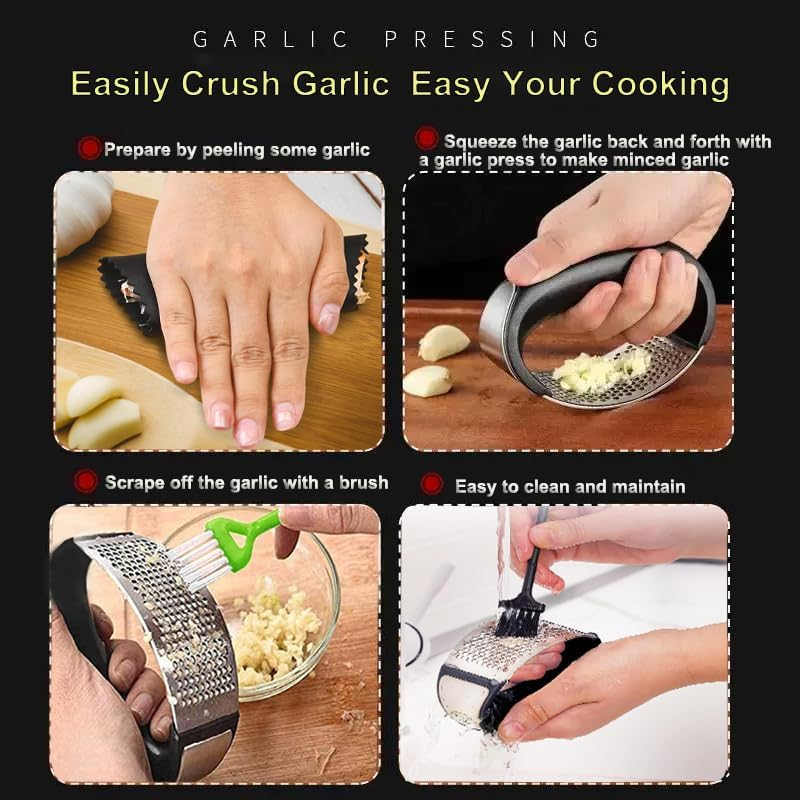 Dybepocih Garlic Press Rocker,2025 New Stainless Steel Garlic Mincer Garlic Crusher Set,3-In-1 Garlic Crusher,Peeler with Cleaning Brush,Easy Squeeze Rocker Design for Smashing Garlic Kitchen Gadget image number 5
