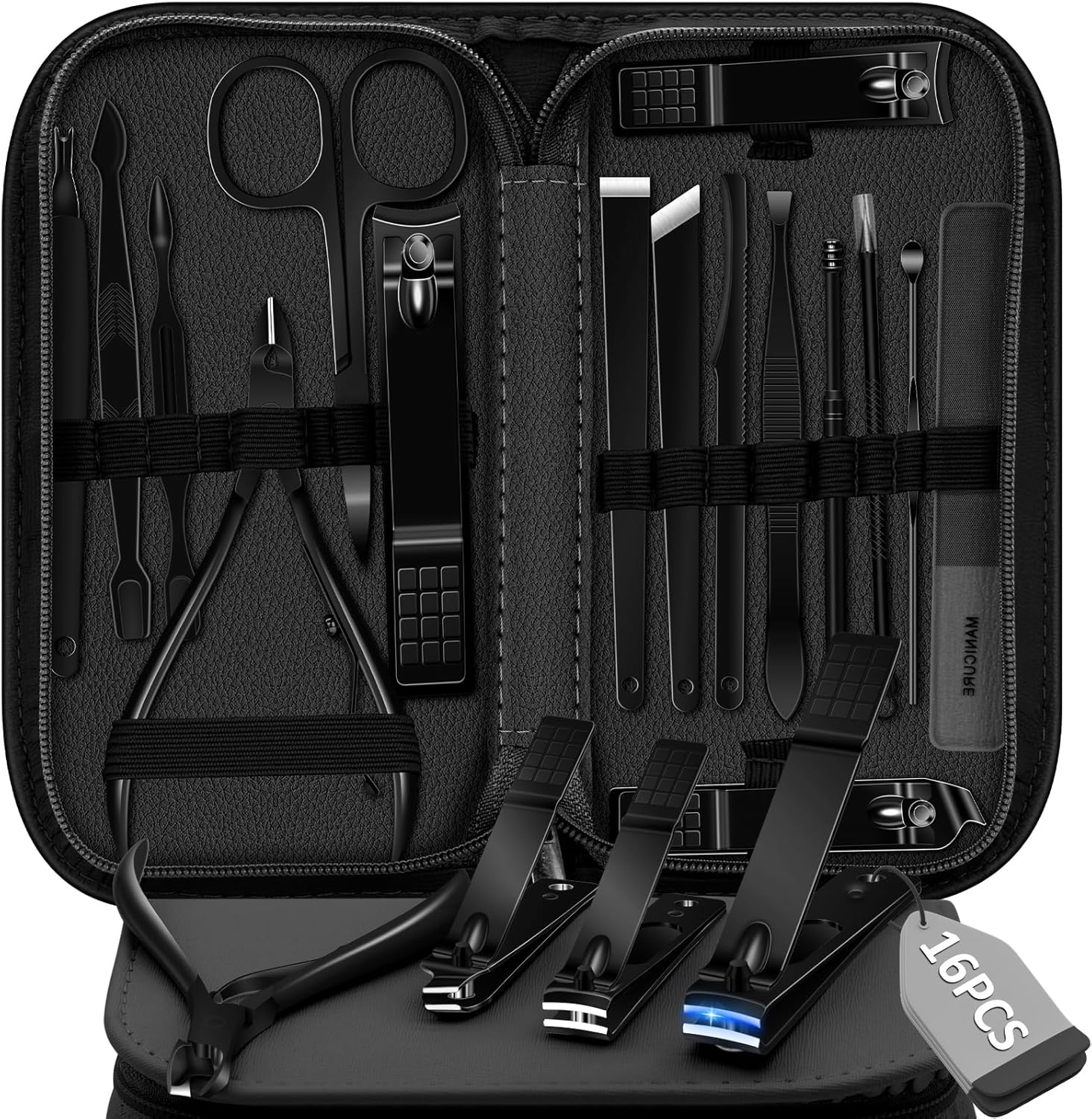 Manicure Set Pedicure Set, 16 Pieces Stainless Steel Nail Clippers Set, Professional Nail Care Nail Set with Portable Travel Leather Case for Men Women Black