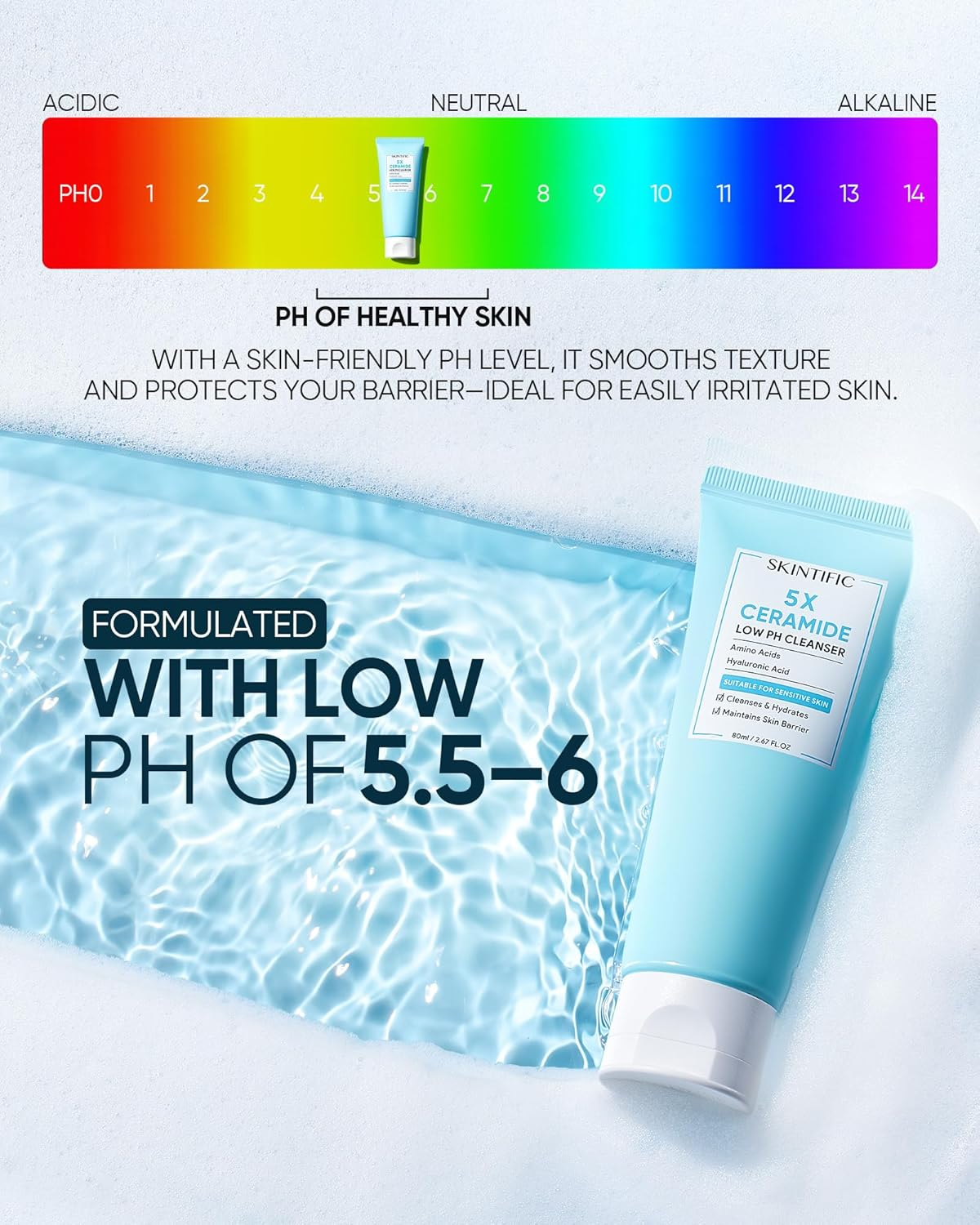 Skintific 5X Ceramide Low Ph Cleanser with Amino Acids, Hyaluronic Acid for Sensitive Skin, 80Ml, Hydrating Face Wash image number 1