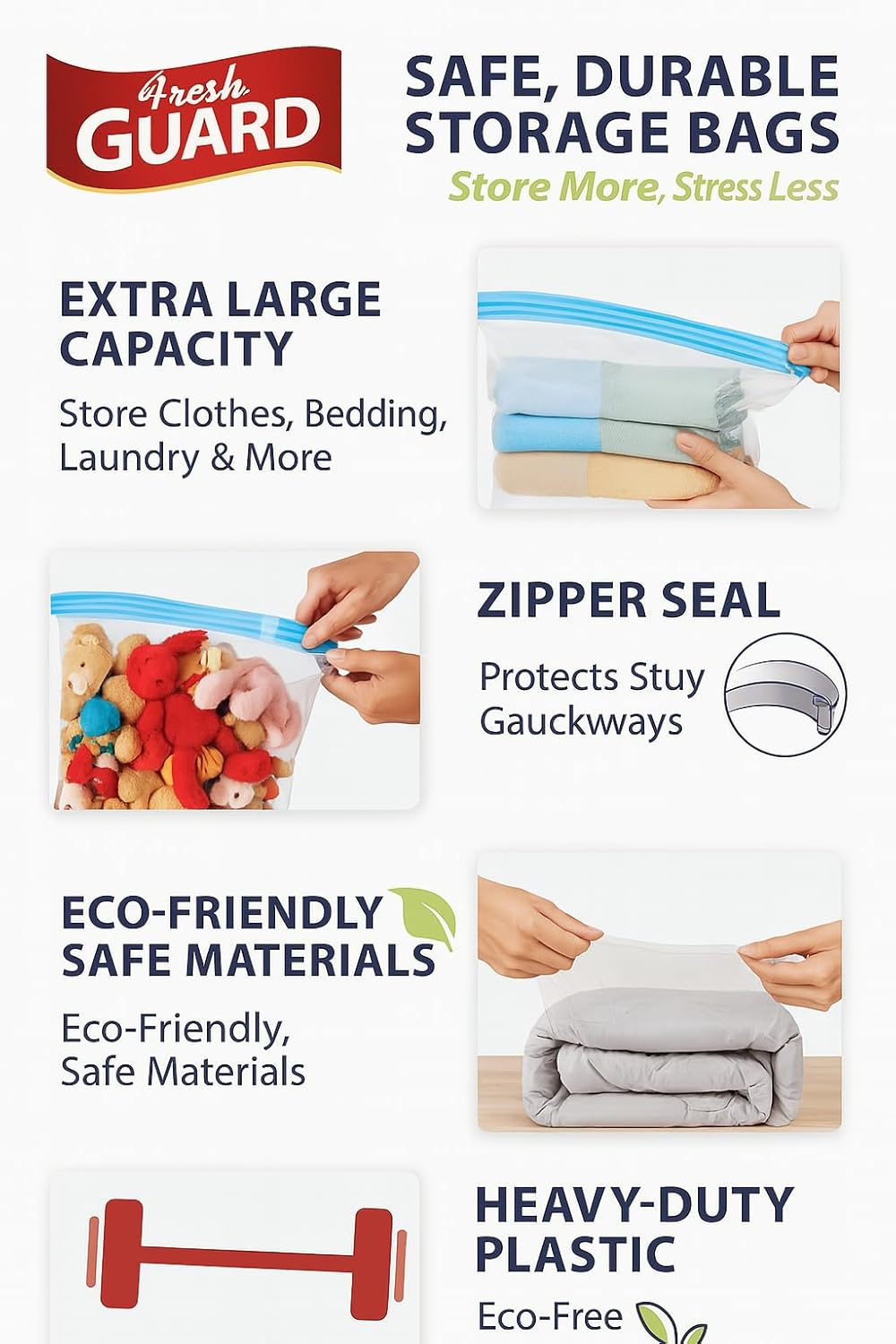 Fresh Guard Extra Large Storage Bags with Zipper &ndash; 2 Pack | Bpa-Free, Reusable, Space Saving for Clothes, Bedding, Travel | Heavy-Duty Plastic Bags 48X52Cm (18.9&rdquo;X20&rdquo;) image number 5