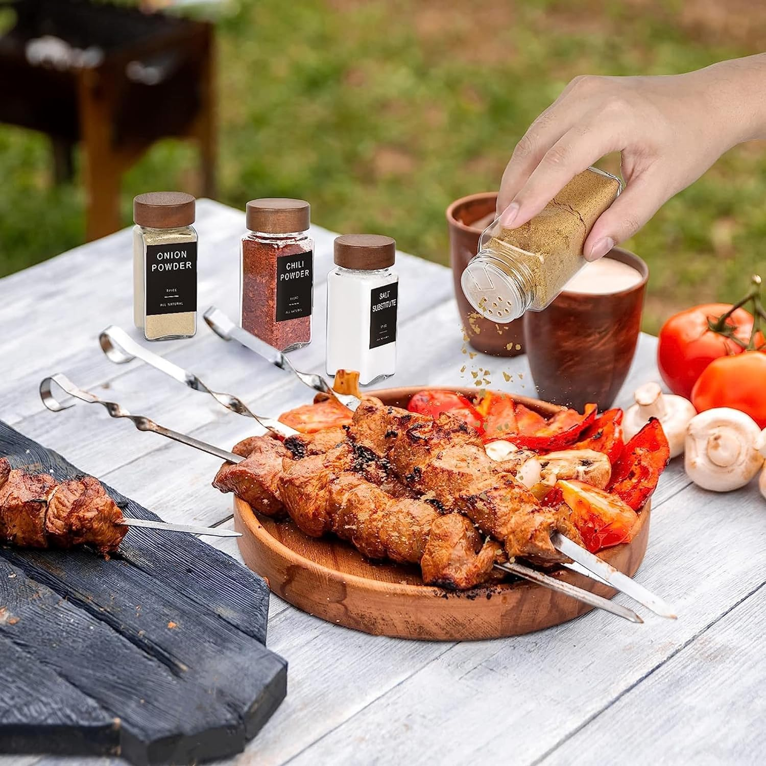 24Pcs Glass Spice Jars with Bamboo Lids, Square Seasoning Containers Spices Organizer Small Items Storage, with Preprinted Spice Label, Funnel, Shaker, Mark Pen,Brush, 120Ml/4Oz.