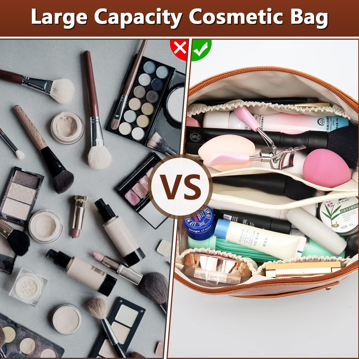 Cosmetic Bag, Large Capacity Travel Makeup Bag, PU Waterproof Storage Cosmetic Bag, Women Portable Travel Makeup Bag with Handle and Divider Flat Lay Makeup Organizer Bag (Brown)