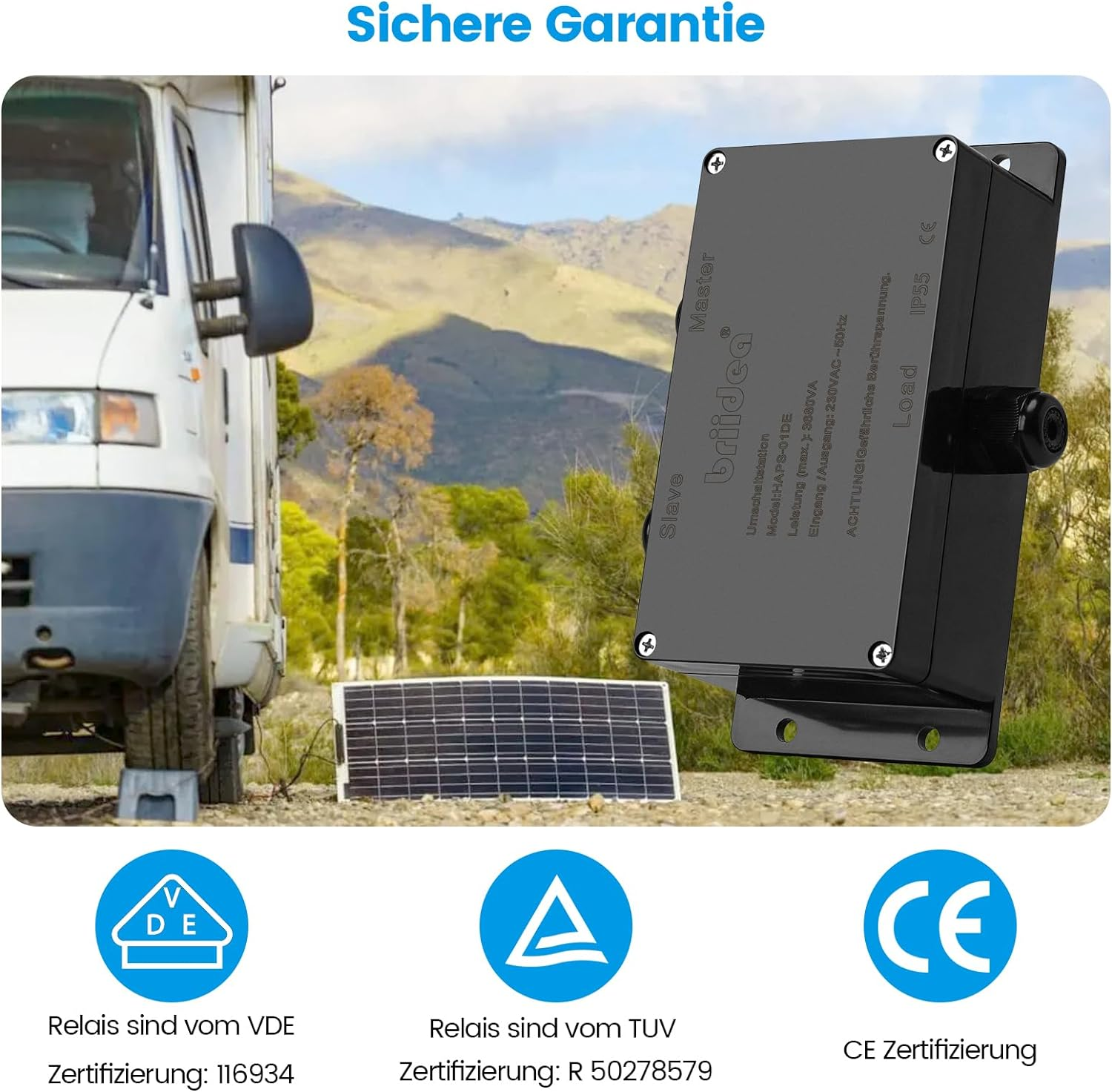 HAPS-01DE-B Switching Station for Mains Priority Switching Briidea Mains Priority Switch Motorhome 16 a 230 V, Switching Station 16 a for Camping Shore Power Inverter, Car, Boat, Outdoor, Solar, Black - Black image number 3