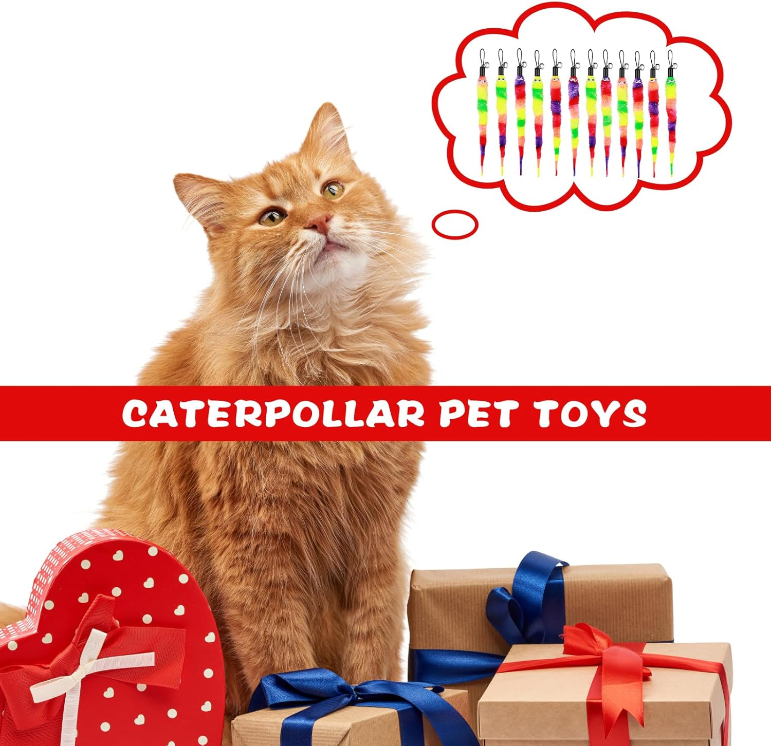 Amaxiu Rainbow Cat Wand Toy - 12Pcs Replacement Refills, Interactive Feather Toys with Bells for Indoor Cats and Kitten Training - Fluffy Worms Accessories image number 3