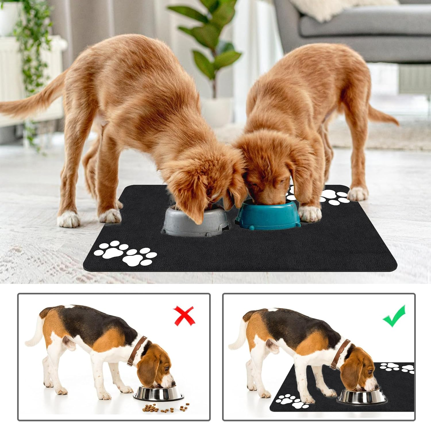 Bowl Mat Dog and Cat, Pack of 2 60 X 40 Cm Non-Slip Bowl Mat, Super Absorbent Dog Bowl Mat, Cat Feeding Mat with Paw Pattern, Waterproof Feeding Mat for Pets (Black) image number 6