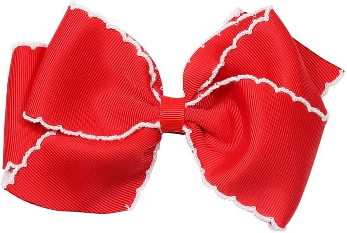 Girls' Classic Grosgrain Moonstitch Edge Hair Bow on a Weestay Hair Clip, Matching Edge, King, Pearl (Red) image number 2
