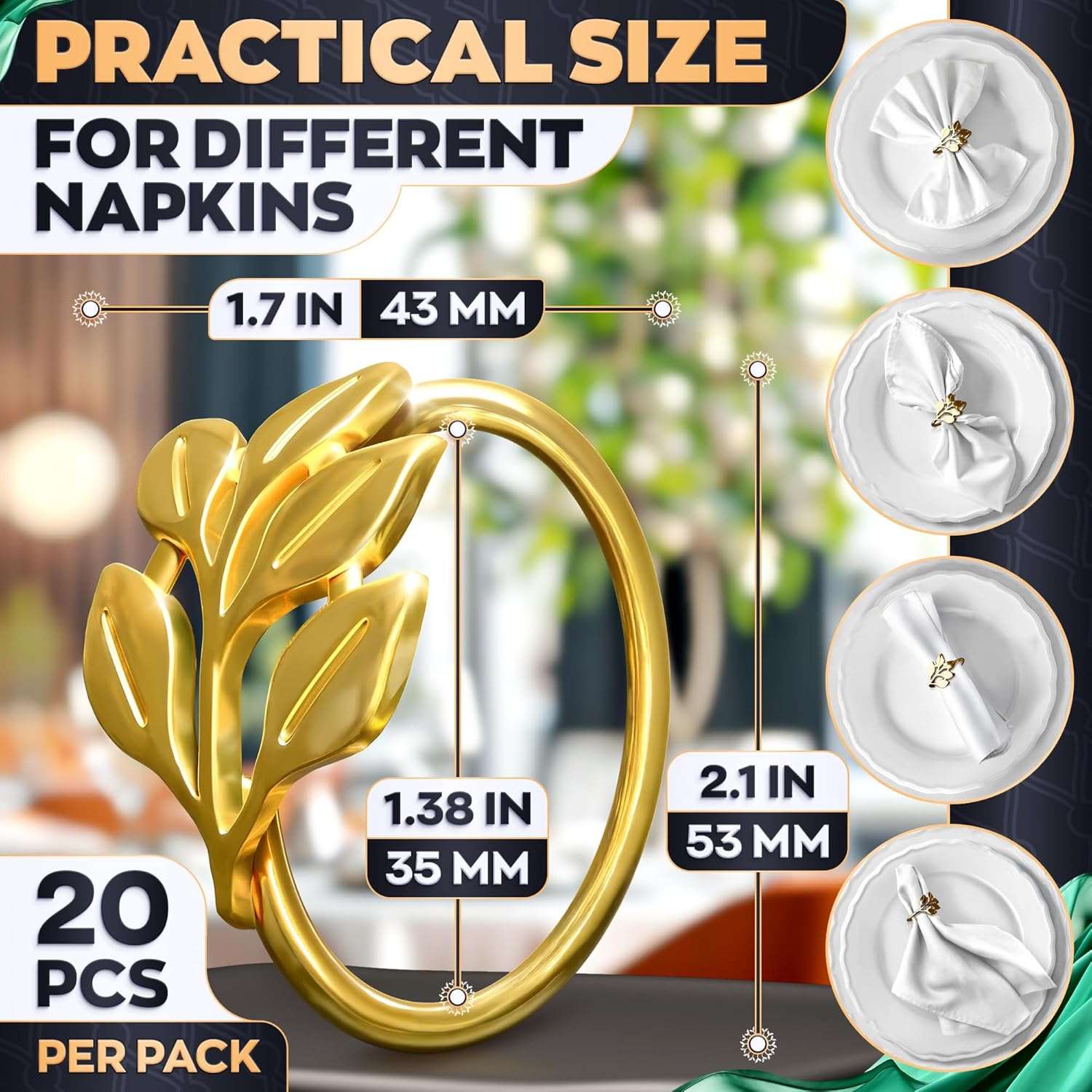 20 Pieces Gold Napkin Rings - Gold Leaf Napkin Rings Gold Ring Napkin Holder Dining Table Decor Flower Napkin Rings Boho Napkin Rings Leaves Tea Party Decor Modern Napkin Holder for Table Napkin Ring image number 5