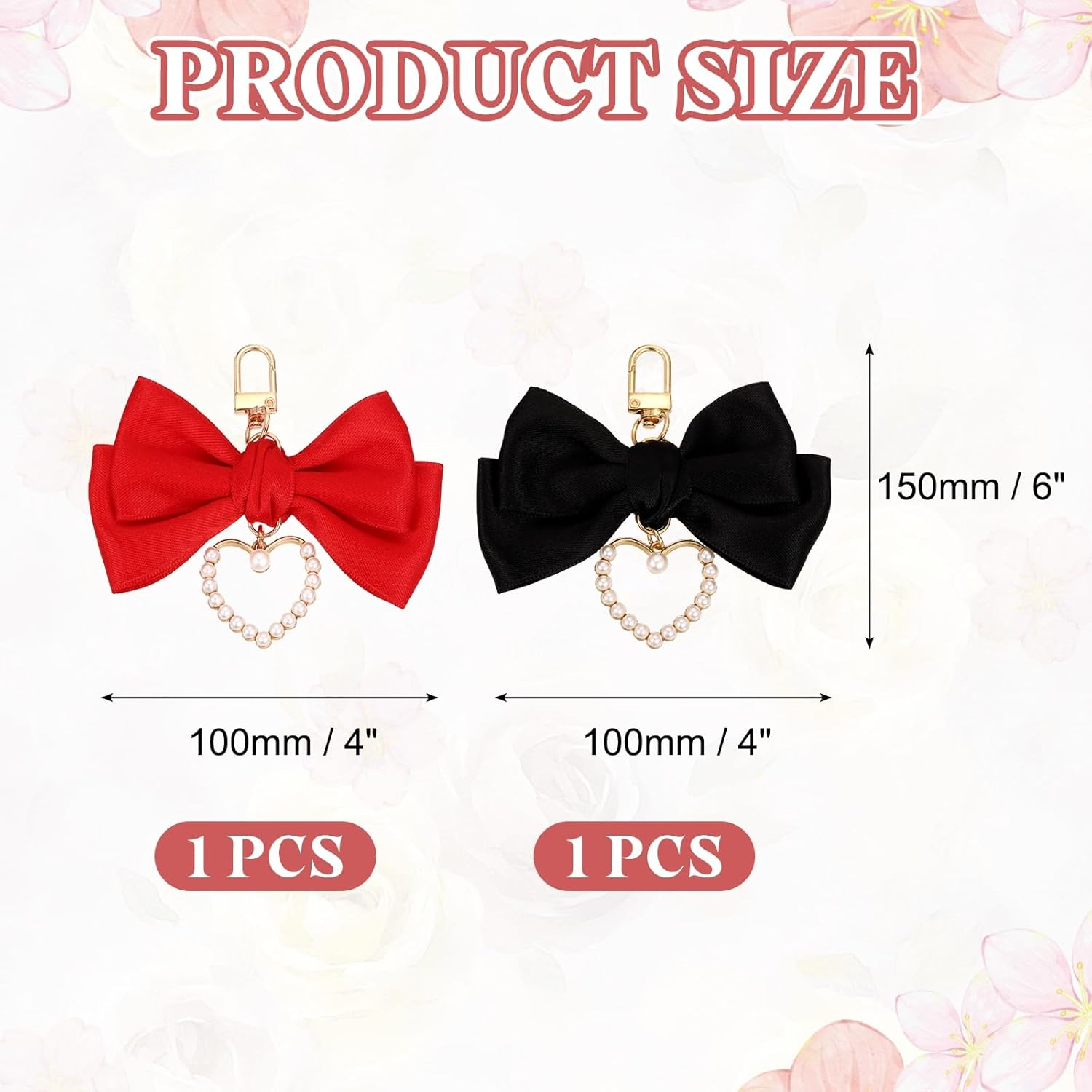 Uxcell 2Pcs Bow Knot Keychain, Cute Bag Charm Keyring, Bow Accessories for Women Purse, Backpack, Car Key, Phone Decoration (Black and Red with Pearl Heart) image number 1