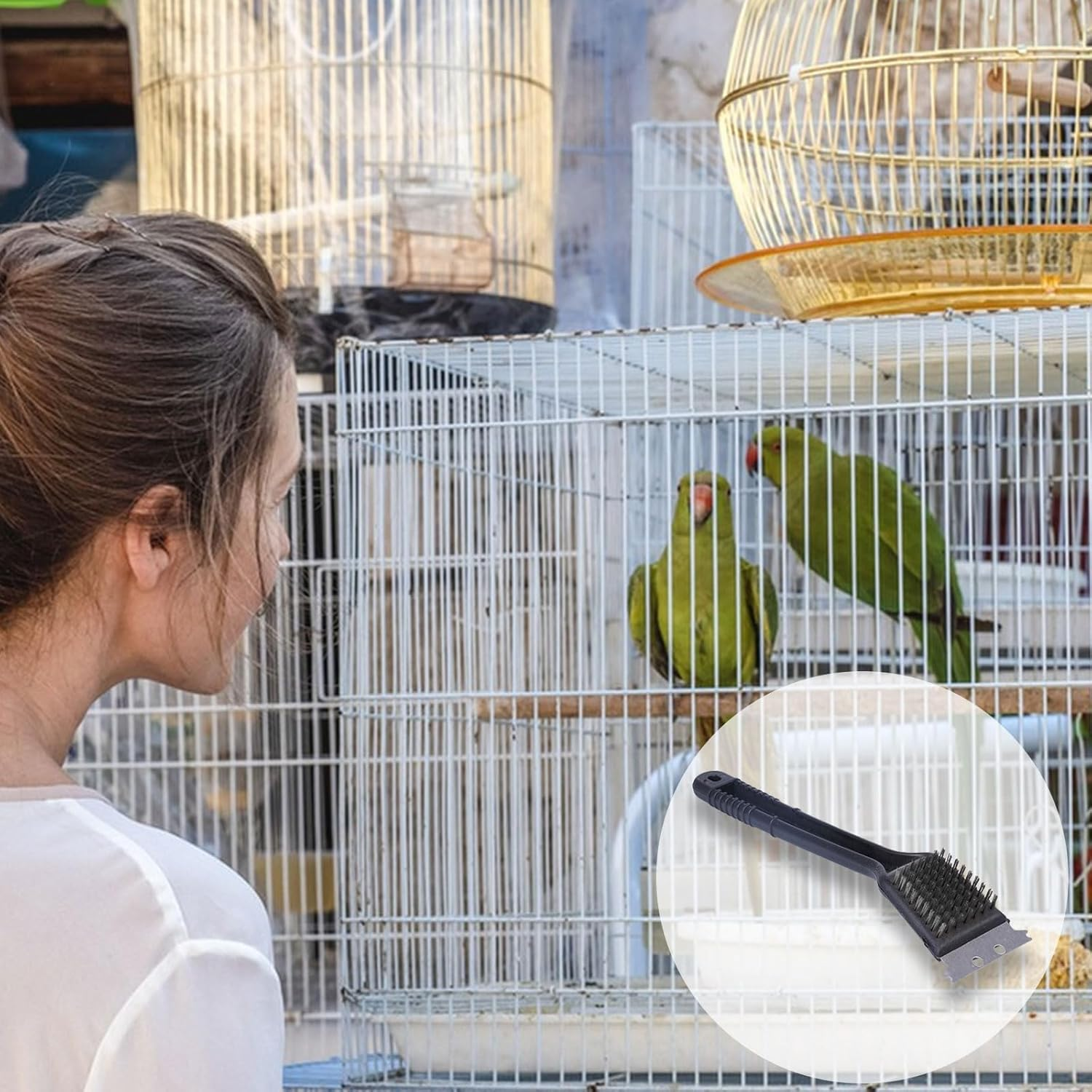 Bird Cage Brush, 1 X Bird Feeder Cleaning Brush with Scraper, Long Handle, Stainless Steel Cleaning Brush, Bird Cage Accessories for Cleaning Bird Cages image number 1