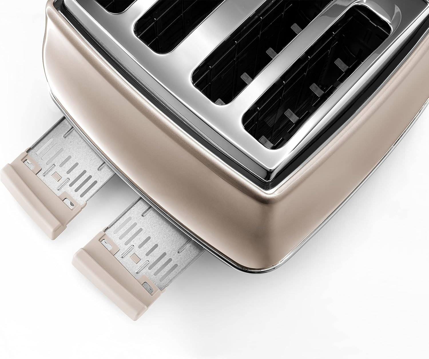 De'Longhi Icona Metallics CTOT4003.​BG, 4 Slot Toaster with Reheat, Bagel, Cancel, and Defrost Functions, 6 Browning Levels, 1800 W, Pull Crumbs Tray, Stainless Steel, Beige image number 4