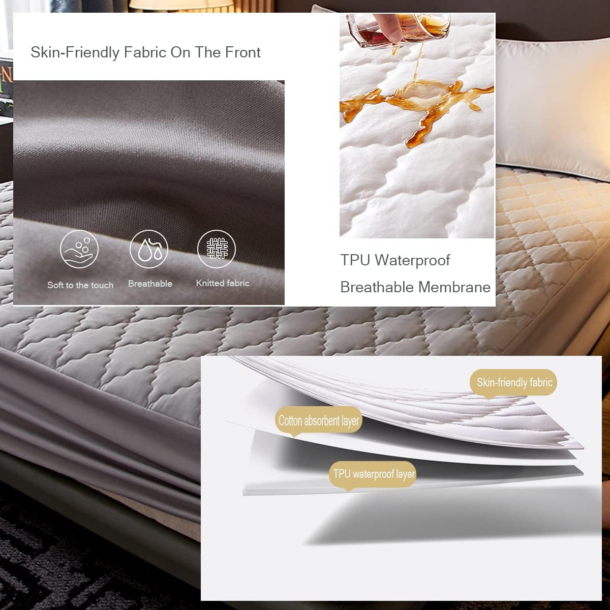 Queen Mattress Protector,Comfprote Premium Cotton 100Percent Waterproof Mattress Cover Protectors - Gray (Queen -153X203 Cm), BP-G-Q01-1 image number 2