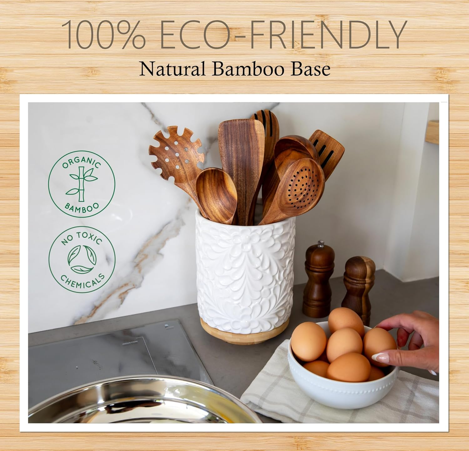 Extra Large 360&deg; Rotating Utensil Holder for Kitchen Counter, 8.3&rdquo; Cooking Utensil Holder for Countertop with Bamboo Base, White Ceramic Utensil Crock Canister for Cooking Utensils - Engraved Design image number 3