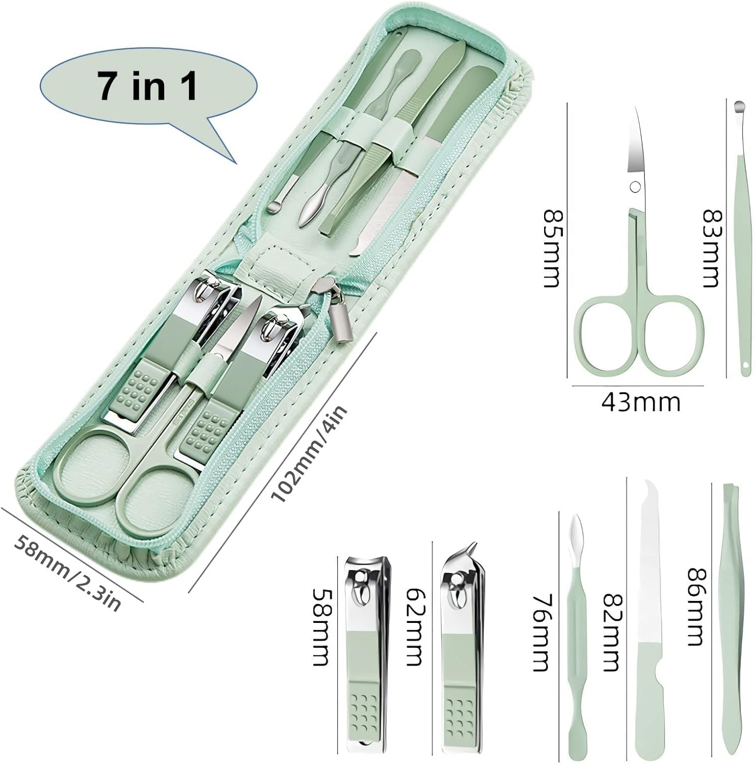 7-Piece Manicure Set, Stainless Steel Nail Care Kit with Case, Mint Green image number 4