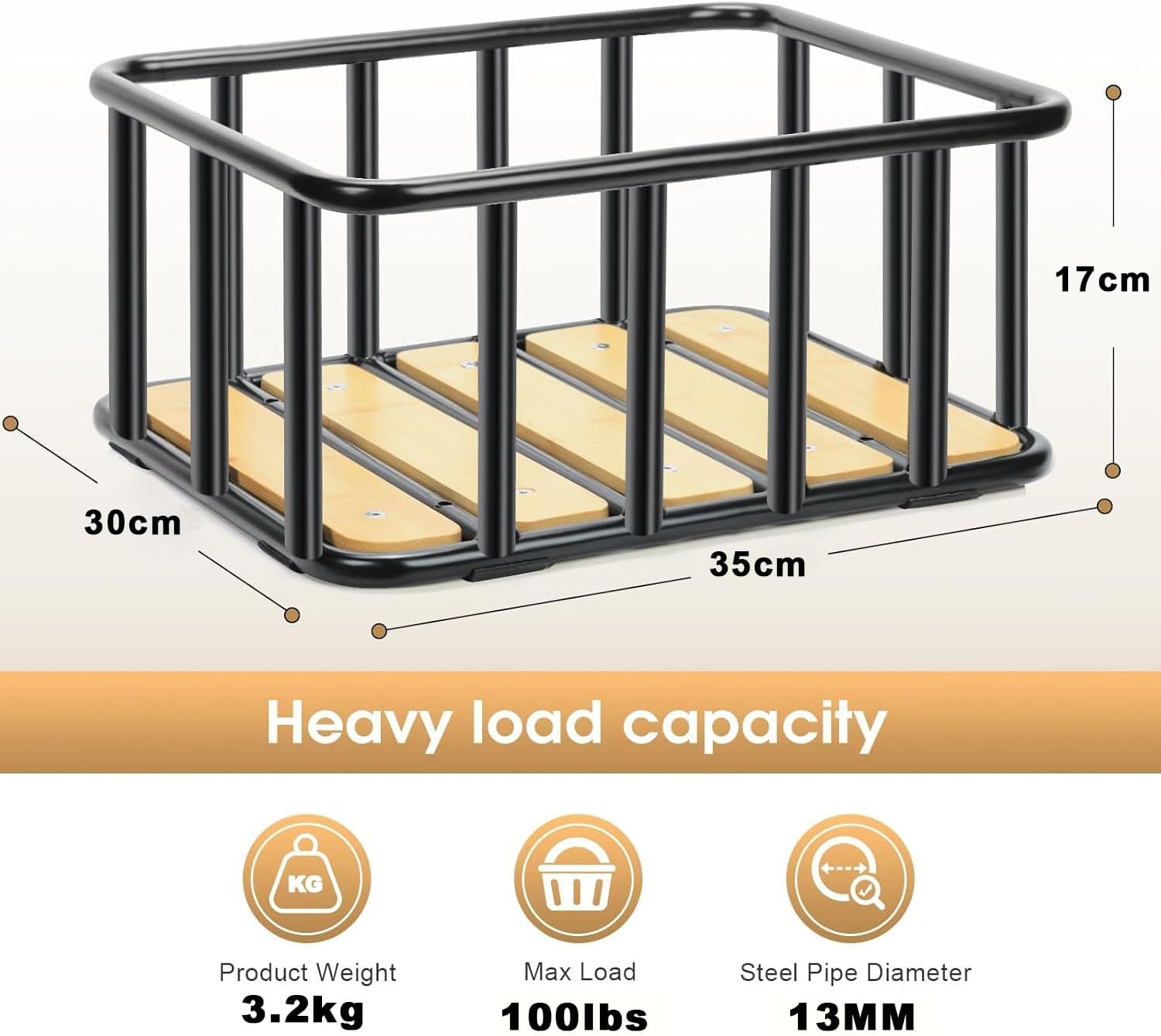 Heavy Duty Rear Bike Basket with Waterproof Cover & Cargo Net - 35X30X17Cm Rust-Resistant Metal Basket, Wooden Base for Bicycles/E-Bikes/Pets image number 2