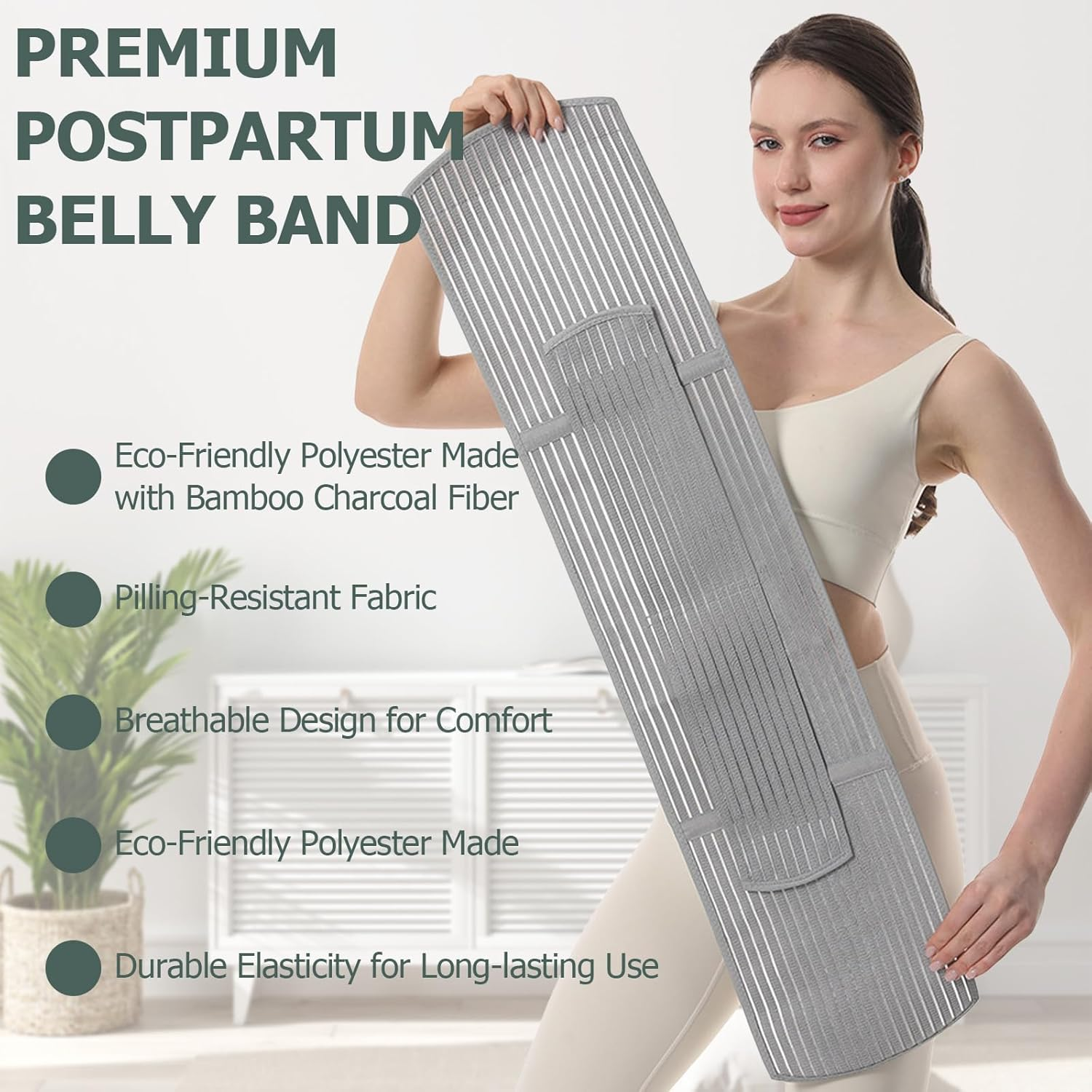 Postpartum Belly Band - Abdominal Binder & Belt for Post Partum Recovery, Adjustable Abdominal Binder and Pelvic Support, Breathable Bamboo Belly Wrap for C Section, Back Pain Relief (Gray, L/XL) image number 1