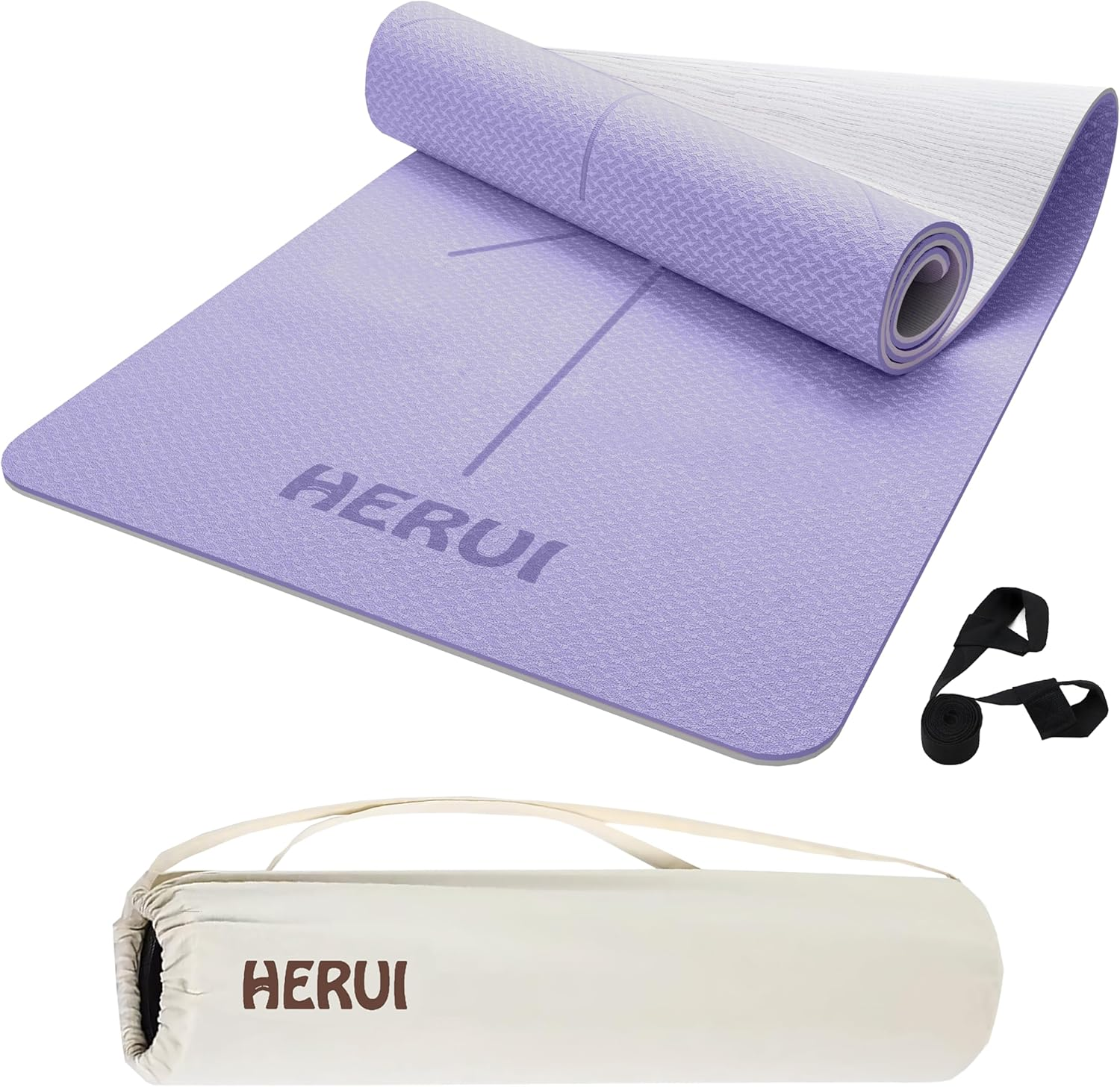 HERUI Yoga Mat with Alignment Lines - Anti-Slip TPE Exercise Mat for Yoga & Pilates - 183CM X 61CM X 6MM - Includes Carry Bag, Perfect for Beginners & All Levels