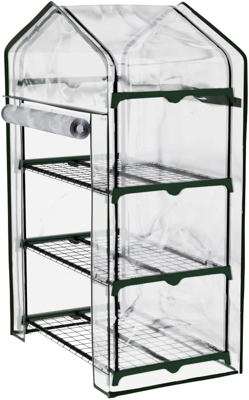 Green Fingers Mini Greenhouse, 3-Tier Frame Tunnel Green House Garden Shed Tent Gardening Supplies Plant Stand Storage, 69 X 49 X 128Cm with PE Cover, Roll-Up Zipper Doors, Plants Shelves image number 1