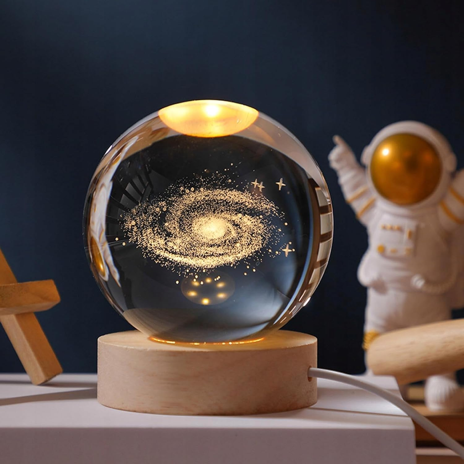 3D Crystal Ball Night Light, USB Moon Planets Solar System Universe Lamp, Glass Ball with Wooden Base - LED Ball for Christmas, Birthday, Valentine'S Day, Astronomy Gifts