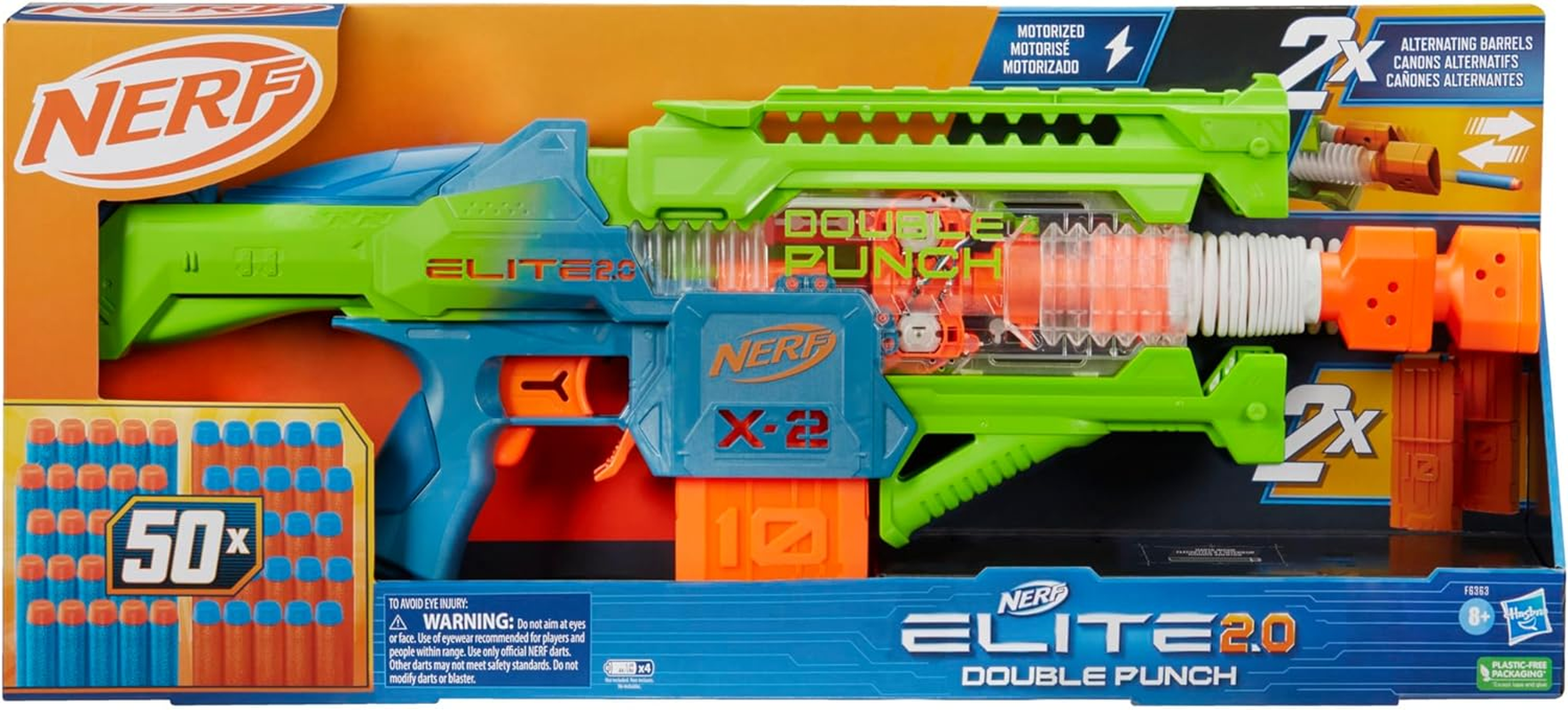Hasbro Nerf Elite 2.0 Double Punch Motorized Dart Blaster, Rapid Alternating Barrels, 50 Nerf Elite Darts, 2X 10-Dart Clips, Ages 8 & Up image number 1