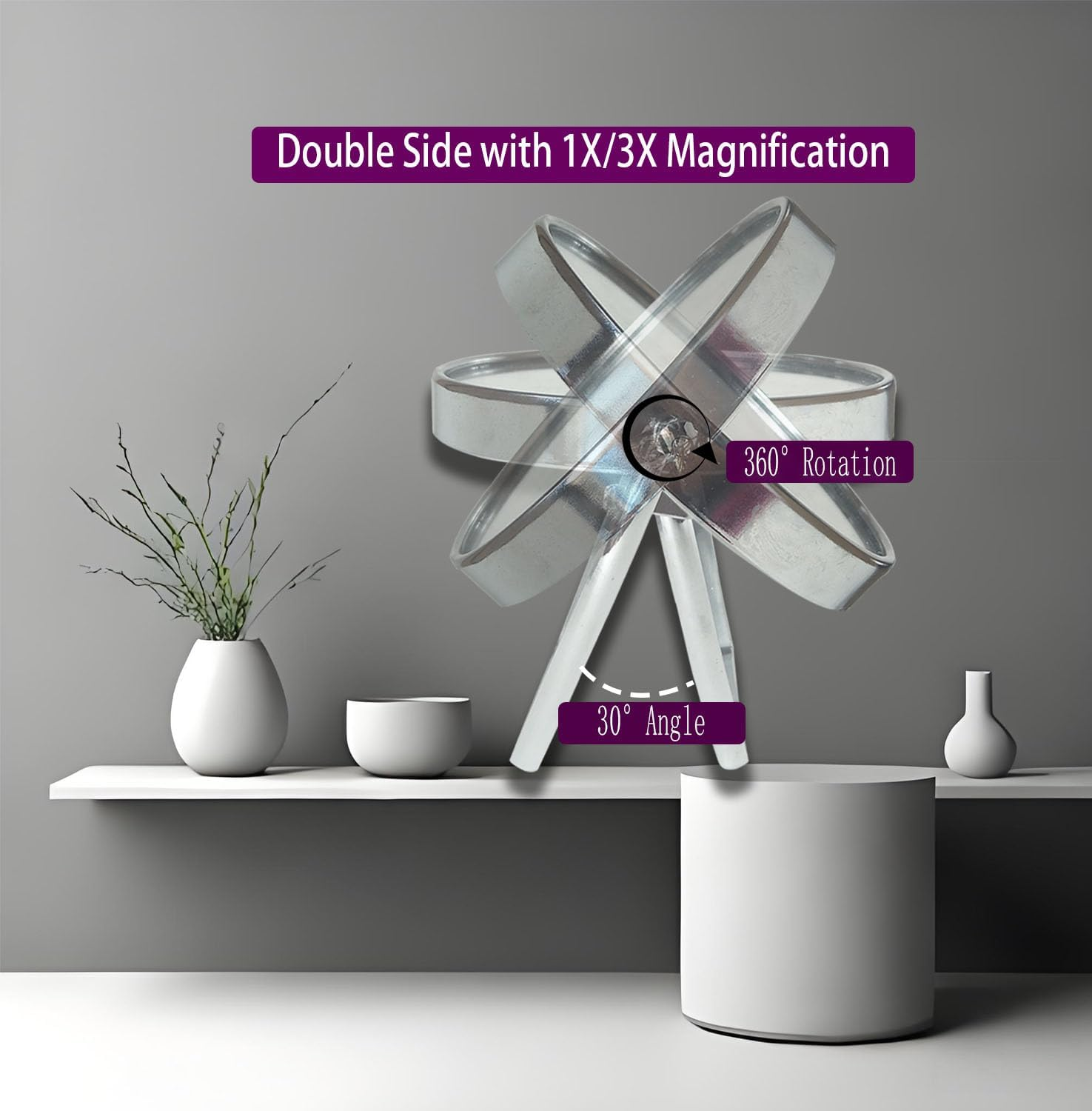 Ugthome Women Two-Sided Makeup Mirror with 1X and 3X Magnification 4-In Travel Mirror with Handle Portable Transparent & round (4-In)