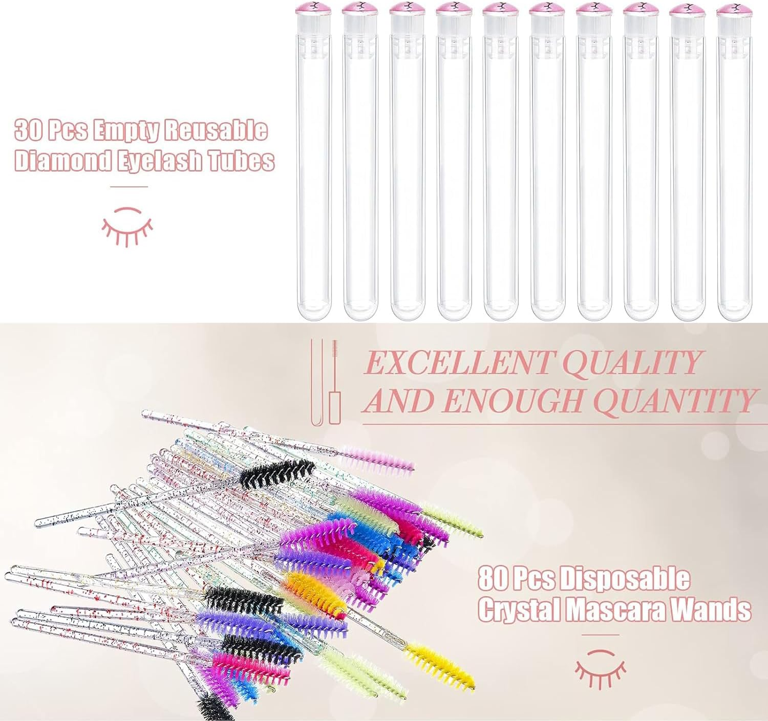 110-Piece Disposable Mascara Wand Set with 30 Reusable Diamond Eyelash Tubes and 80 Crystal Applicators, Designed for Women and Girls' Makeup, in a Stylish Pink Eye Pattern image number 1