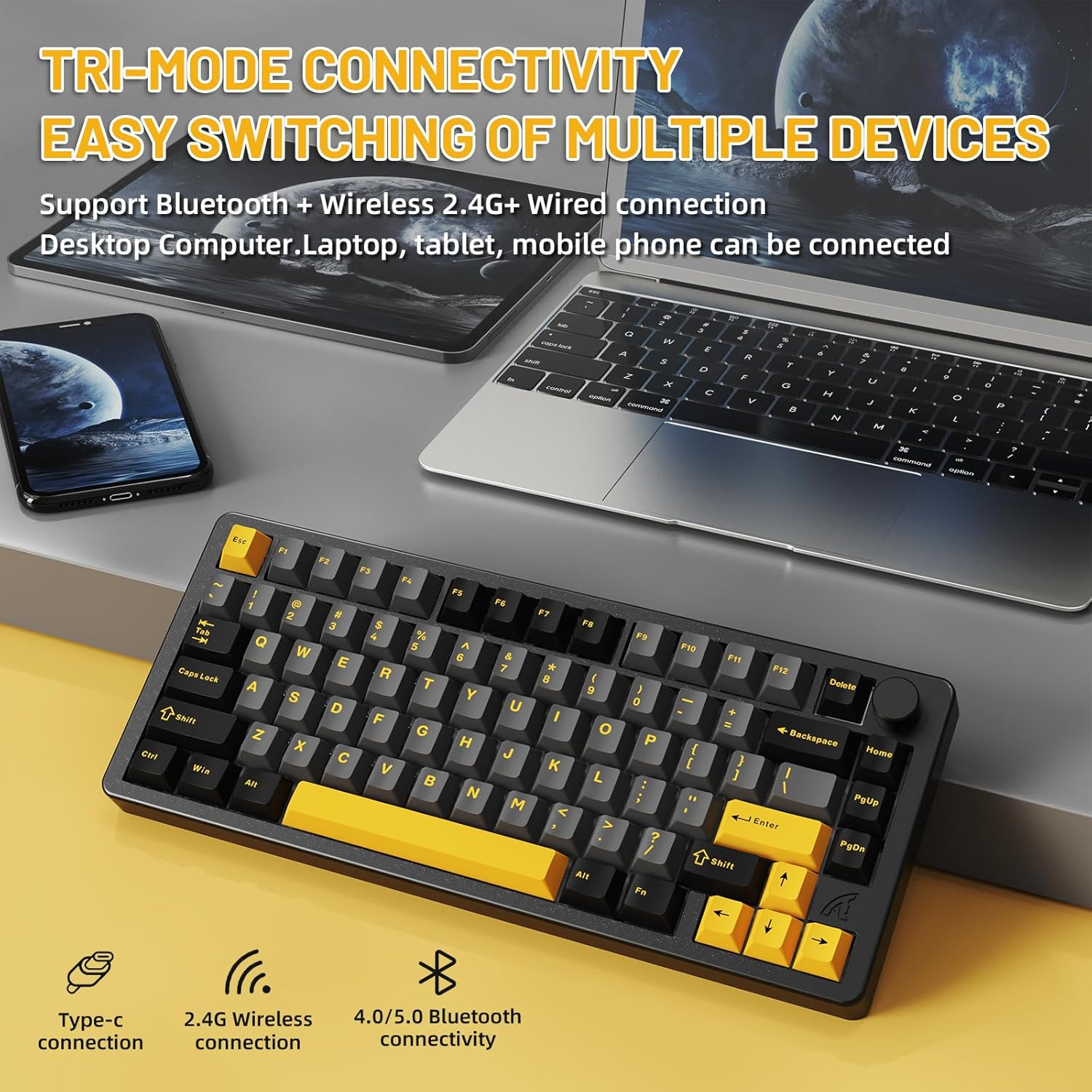 FELICON X Attack Shark X86 75% Aluminum CNC Wireless Mechanical Gaming Keyboard with Volume Knob,82 Key Gasket Hot Swappable RGB Custom Keyboard with 5-Layer Padding, Bt/2.4Ghz/Usb-C-Starshine Black
