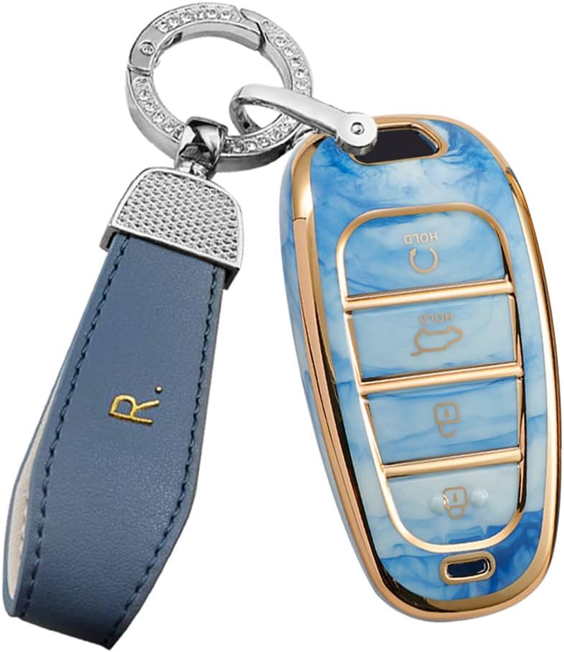 Ontto Tie-Dye TPU Car Key Fob Cover Fit for Hyundai Santa Fe Tucson 2022 Nexo NX4 Atos Prime Solaris 2021 4 Buttons Key Case Keyring Keychain Key Holder Key Shell Bag Accessories Blue