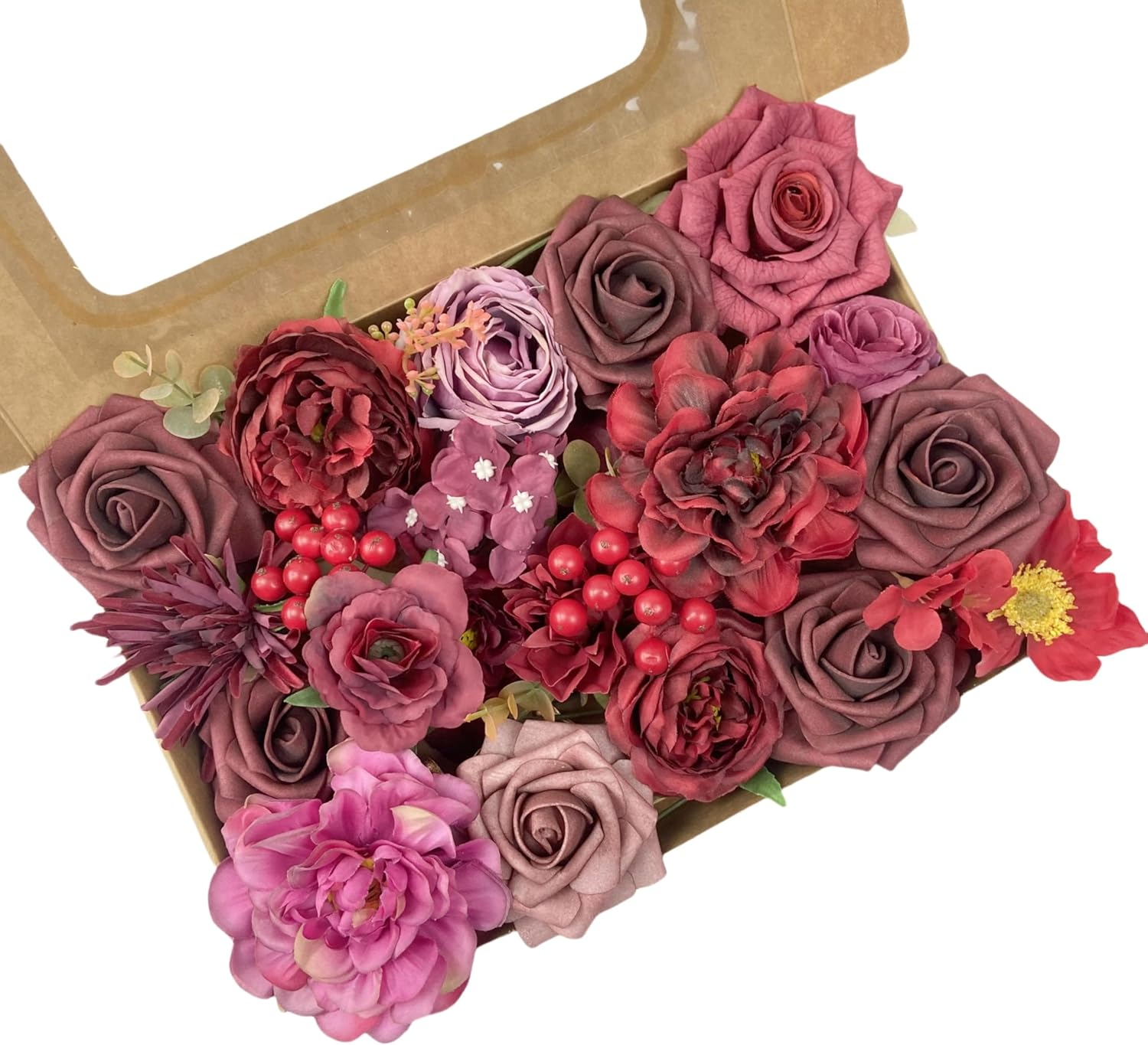 Artificial Silk Purple Champagne Rose Flowers Box for Wedding Decorations, Real Touch Peony and Fake Rose Bouquets with Stems for Wedding Cake Topper Party Bridal Bouquets Indoor Outdoor Decorations
