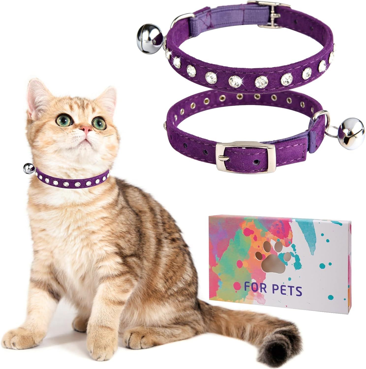 DILLYBUD Rhinestone Cat Collar Breakaway with Bell, Diamond Cat Collar with Safety Buckle Quick Release for Girl Boy Small Kitten Pets Puppy,Cute Soft Female Male Cat Collars, Color Green 8-12"