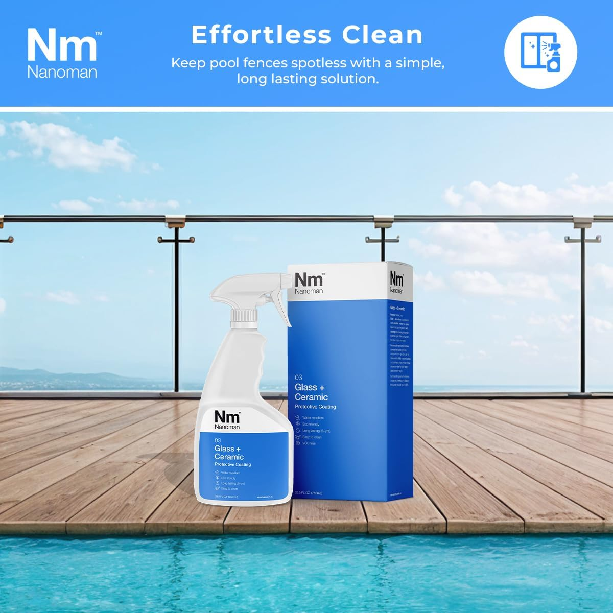 Nanoman Glass + Ceramic Coating &ndash; Hydrophobic, Easy-Clean Protection for Pool Fences & Glass Balustrades, 750Ml image number 5