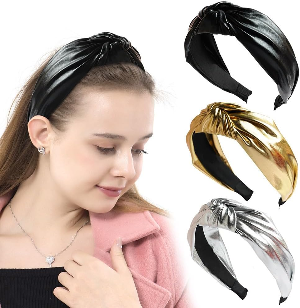 Headband, Knotted Headbands for Women Black Leather, Fashion Headbands for Women Top Knot Headband for Women (Black, One Size) image number 1