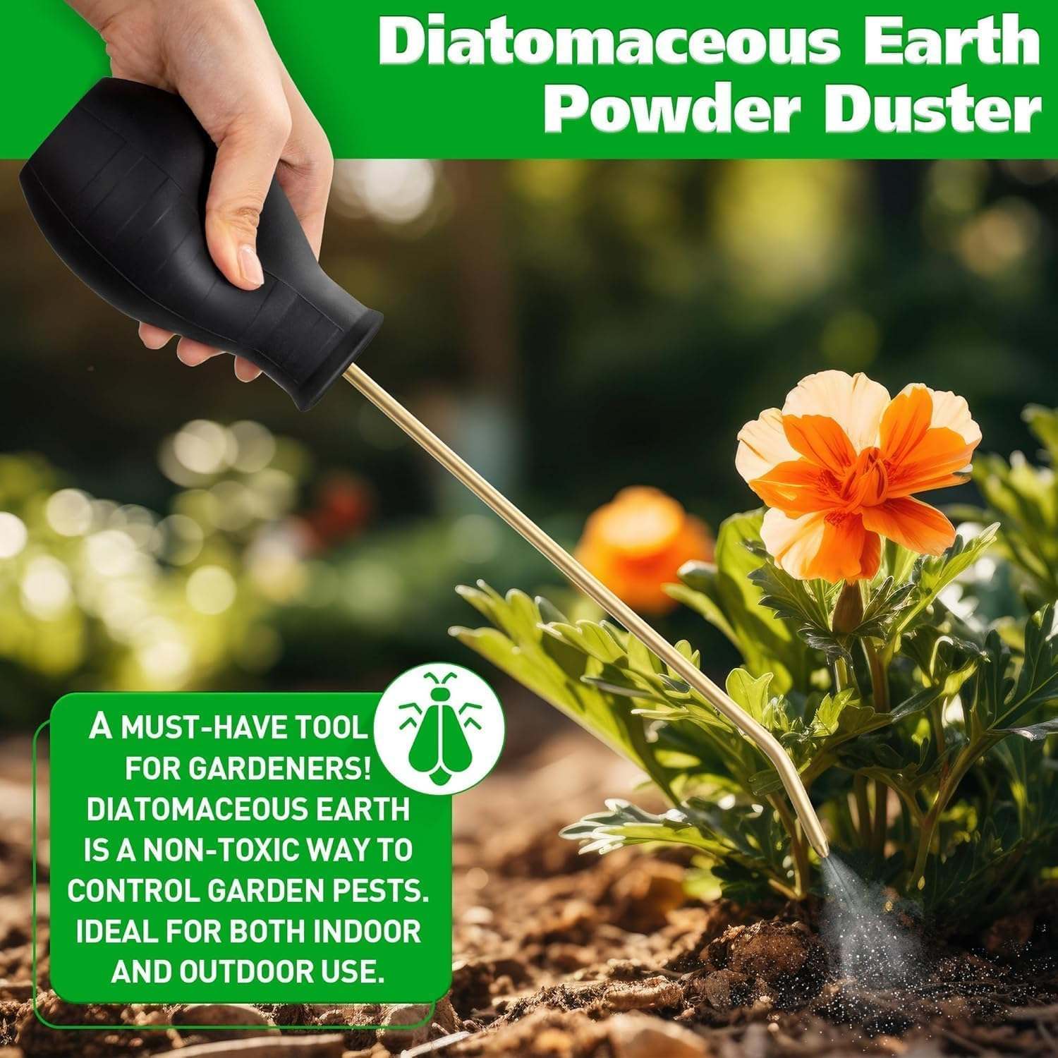 Diatomaceous Earth Powder Duster with Long Metal Tube, Bulb Duster Sprayer for Organic Gardening, Indoor Outdoor Plant Care & Home Pest Control, Powder Applicator Dispenser for Agricultural Use image number 3